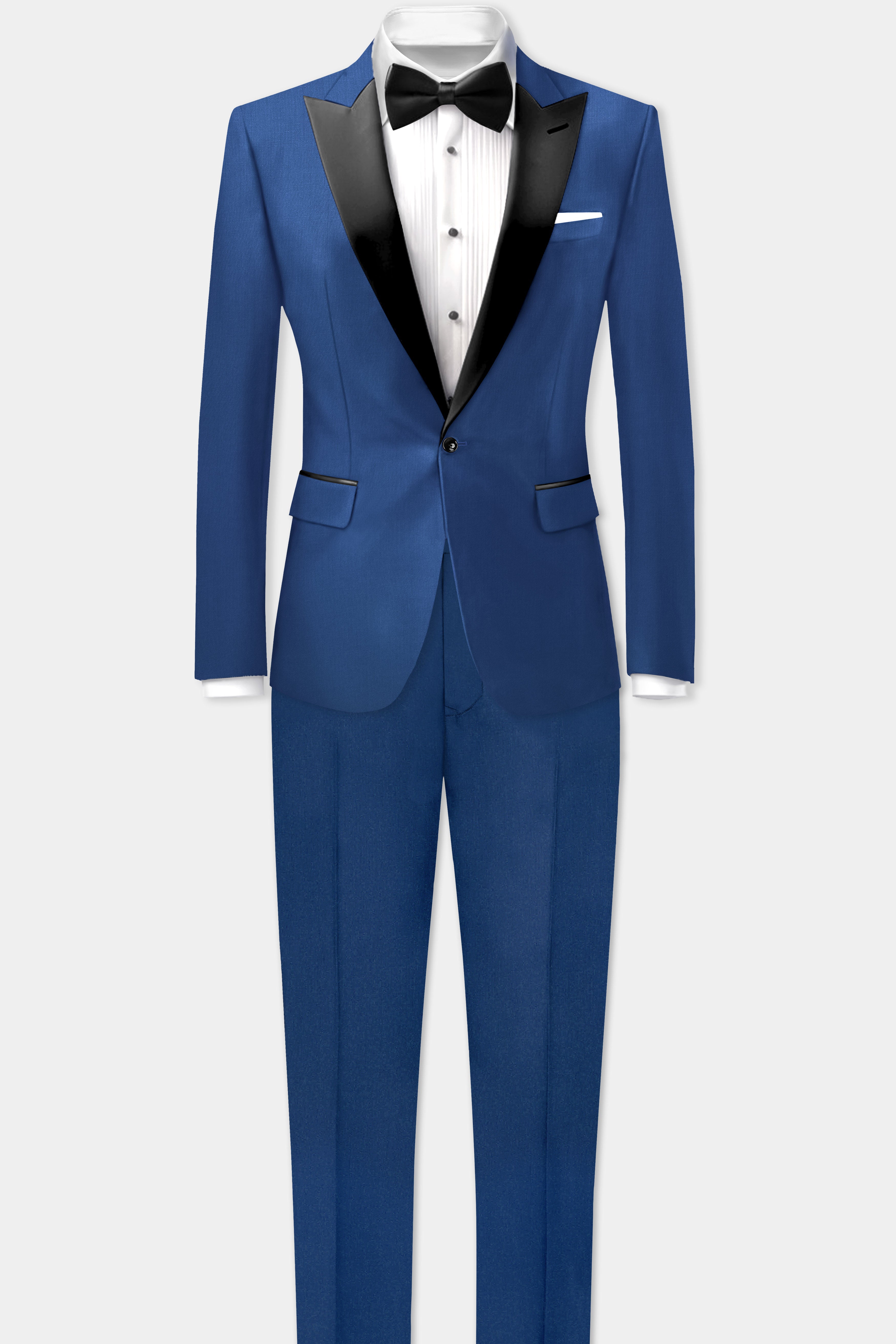 Cerulean Elite-Cobalt Blue Solid Wool Rich Peak Lapel Tuxedo Slight Stretch Suit