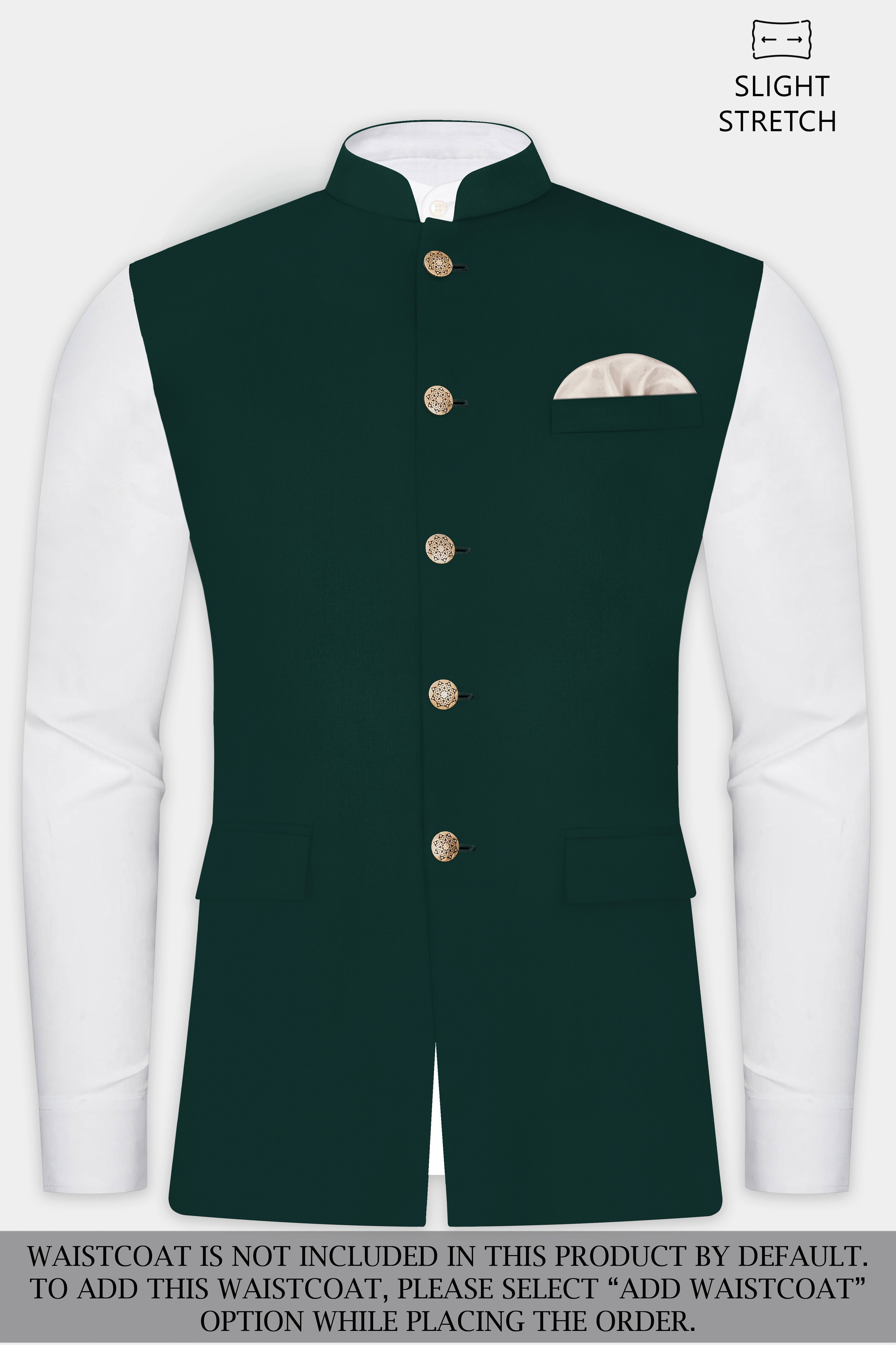 Emerald-Zucchini Green Solid Wool Rich Cross Placket Bandhgala Slight Stretch Suit