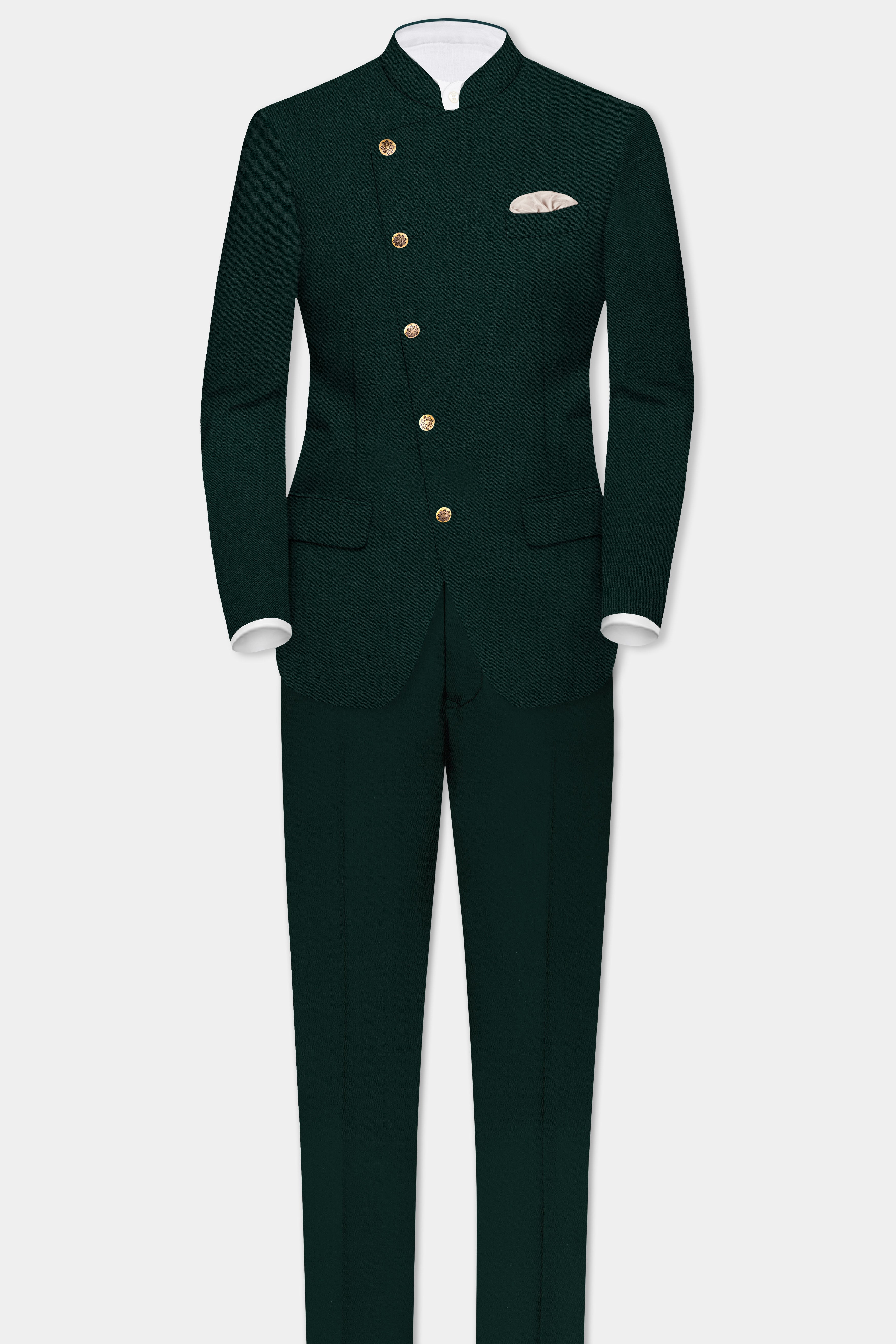 Emerald-Zucchini Green Solid Wool Rich Cross Placket Bandhgala Slight Stretch Suit