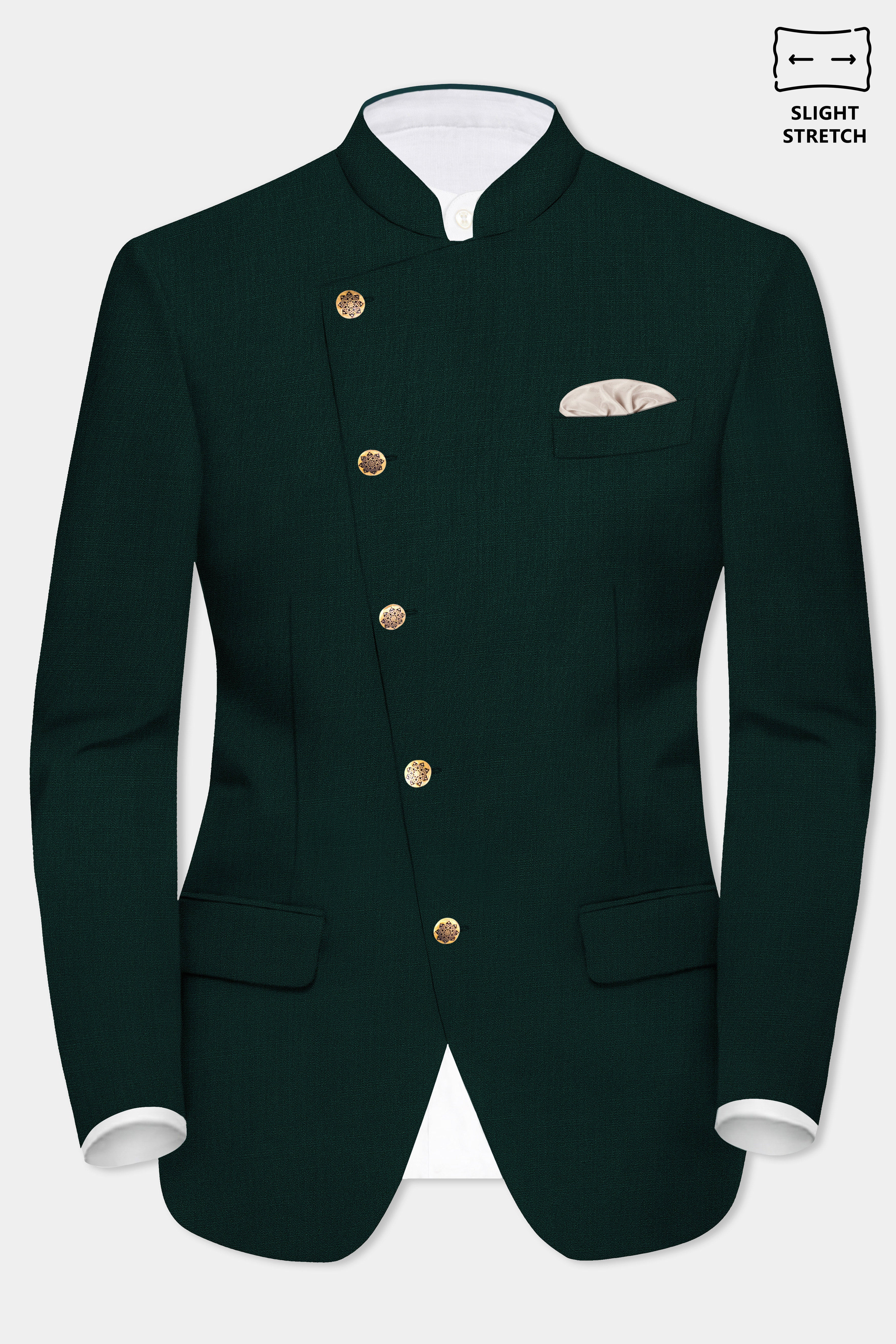 Emerald-Zucchini Green Solid Wool Rich Cross Placket Bandhgala Slight Stretch Suit
