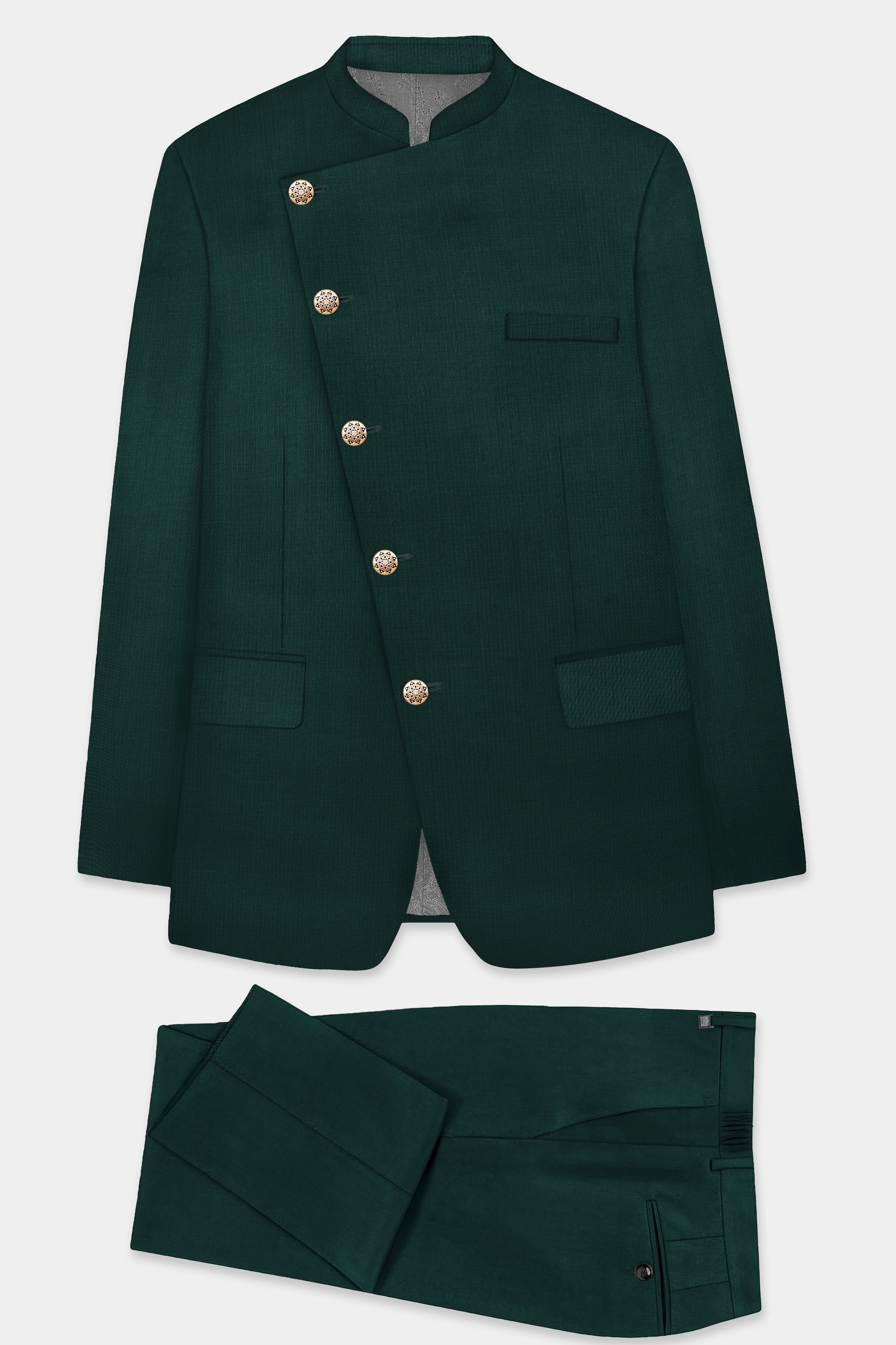 Emerald-Zucchini Green Solid Wool Rich Cross Placket Bandhgala Slight Stretch Suit