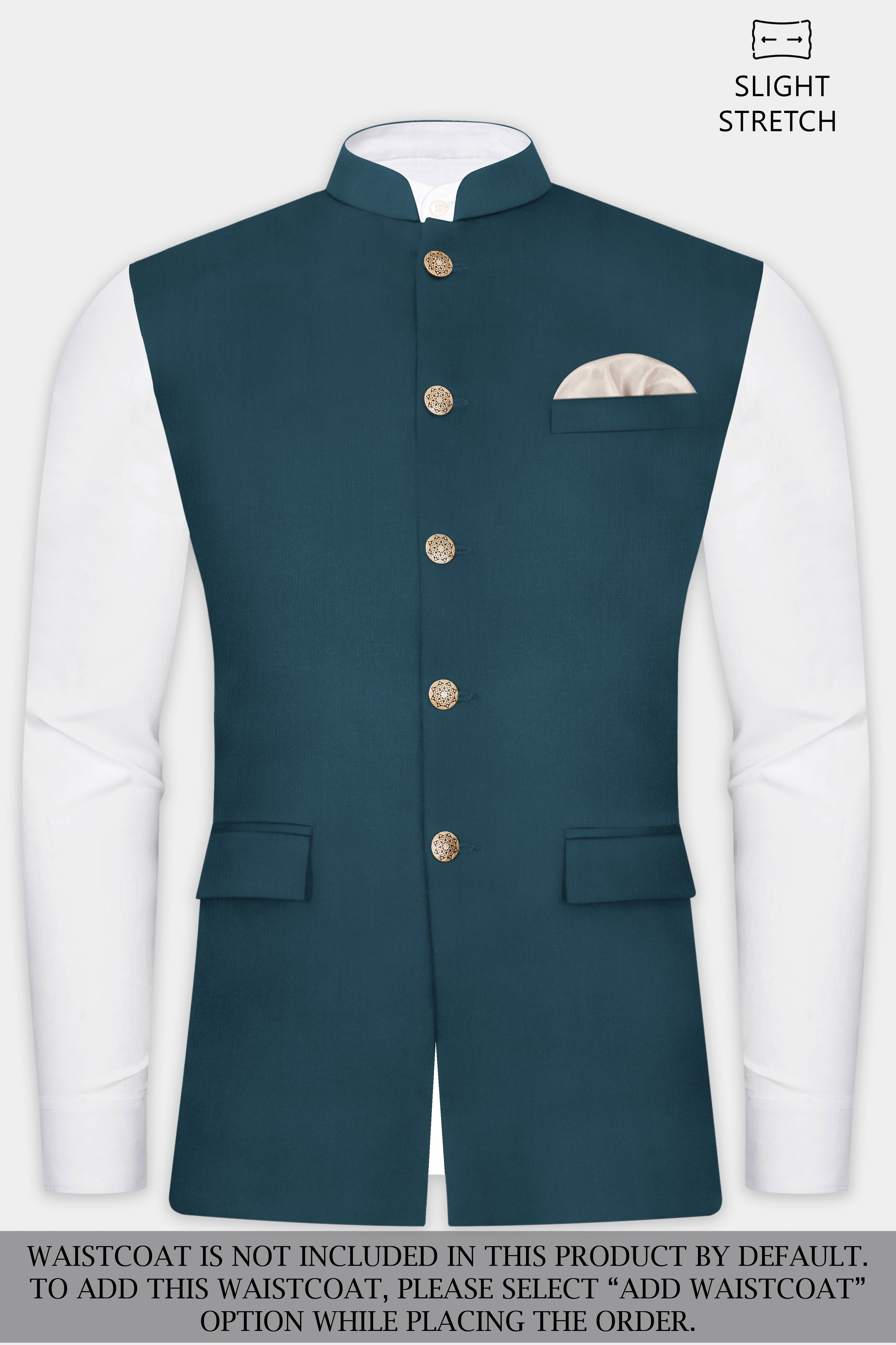 Prestige-Dianne Green Solid Wool Rich Cross Placket Bandhgala Slight Stretch Suit