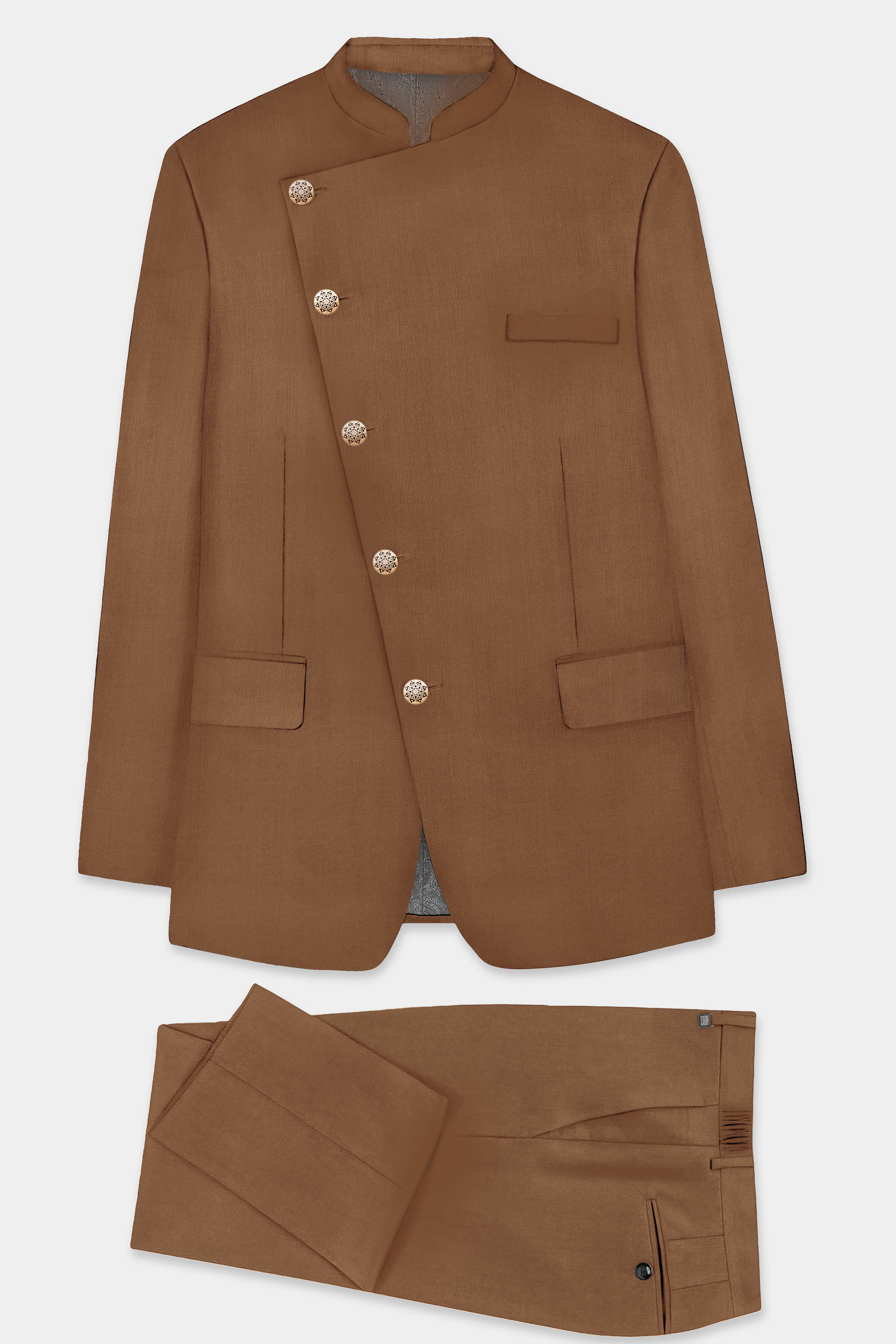 Bronze-Tawny Brown Solid Wool Rich Cross Placket Bandhgala Slight Stretch Suit