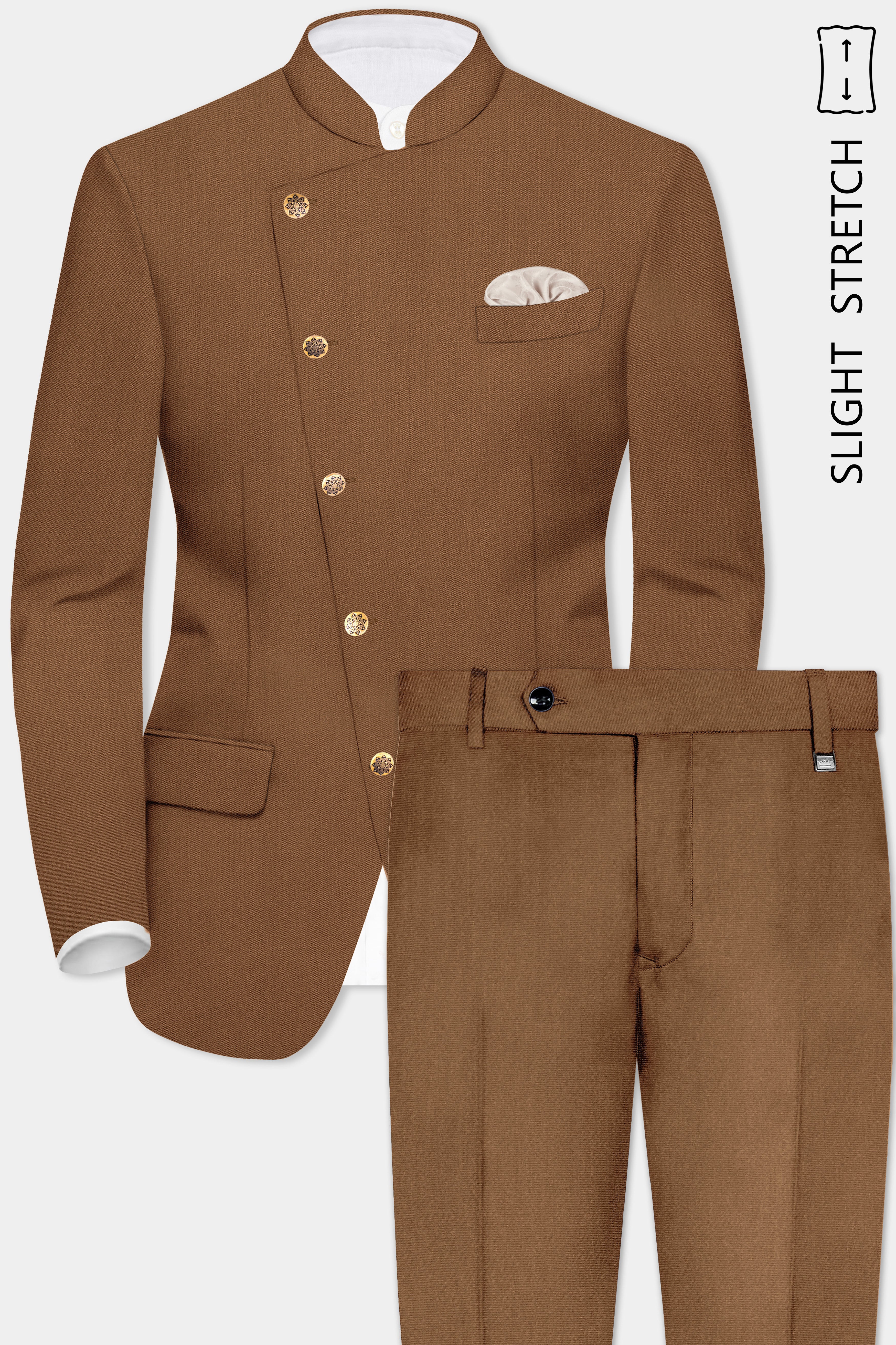 Bronze-Tawny Brown Solid Wool Rich Cross Placket Bandhgala Slight Stretch Suit