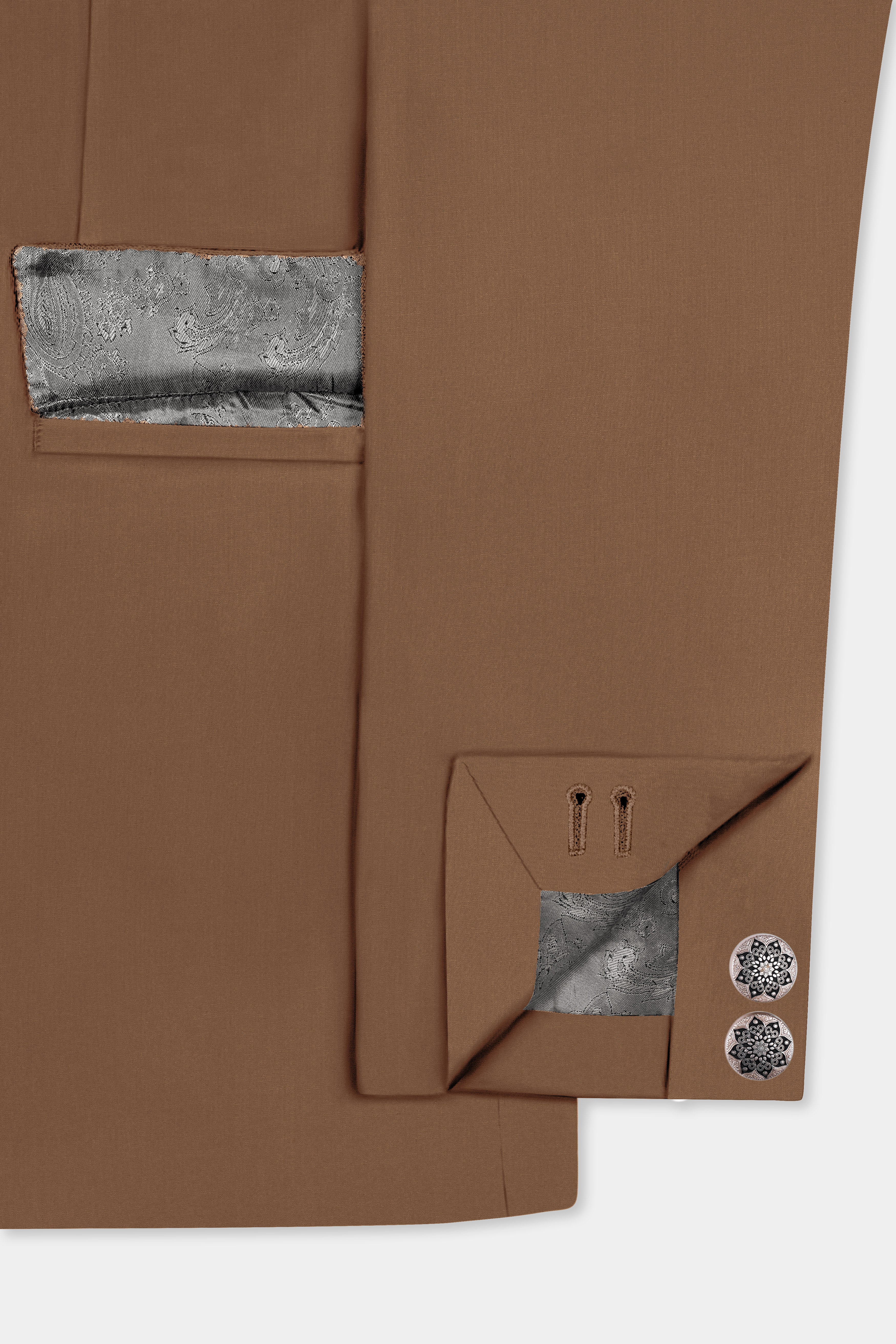 Bronze-Tawny Brown Solid Wool Rich Cross Placket Bandhgala Slight Stretch Suit