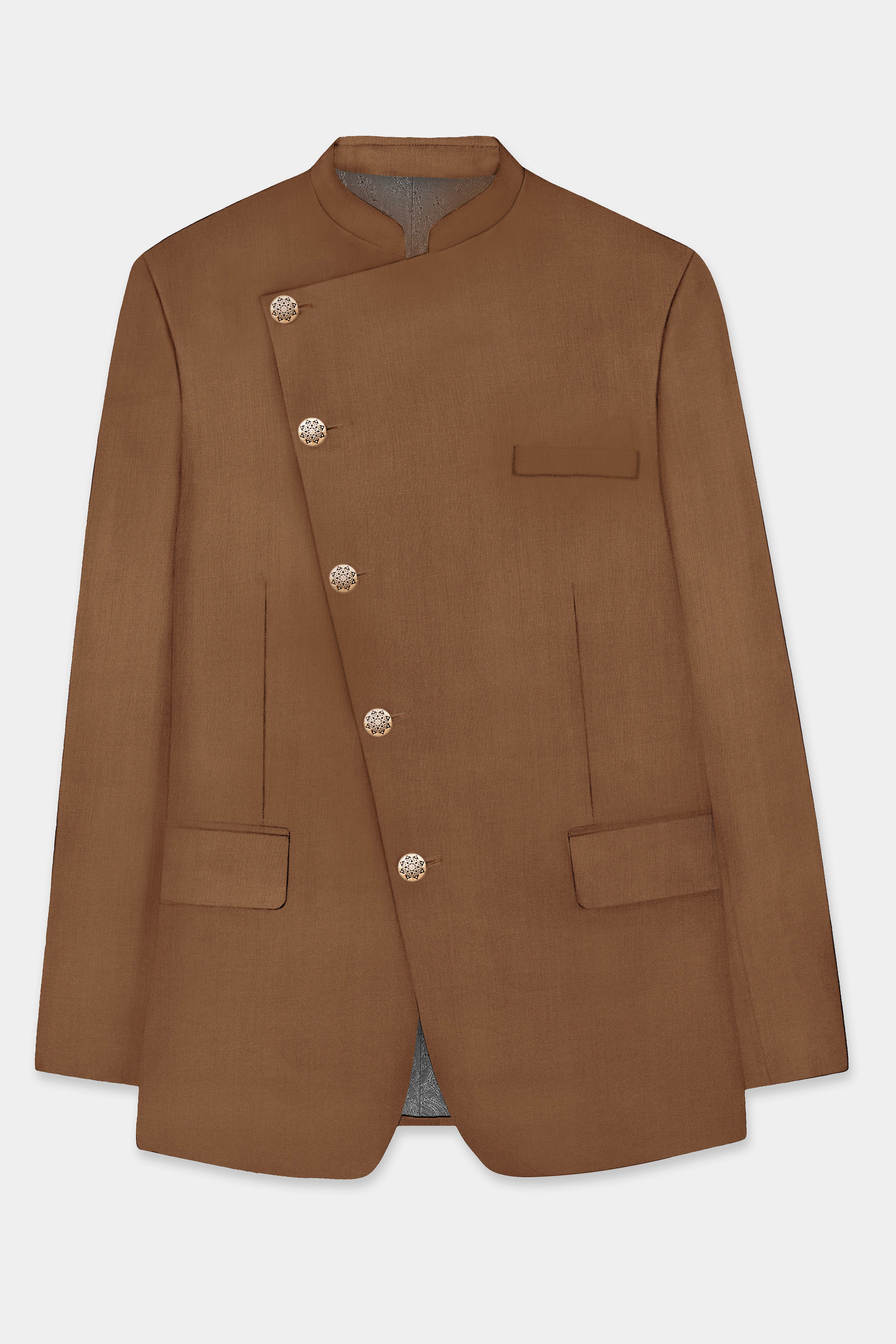 Bronze-Tawny Brown Solid Wool Rich Cross Placket Bandhgala Slight Stretch Suit