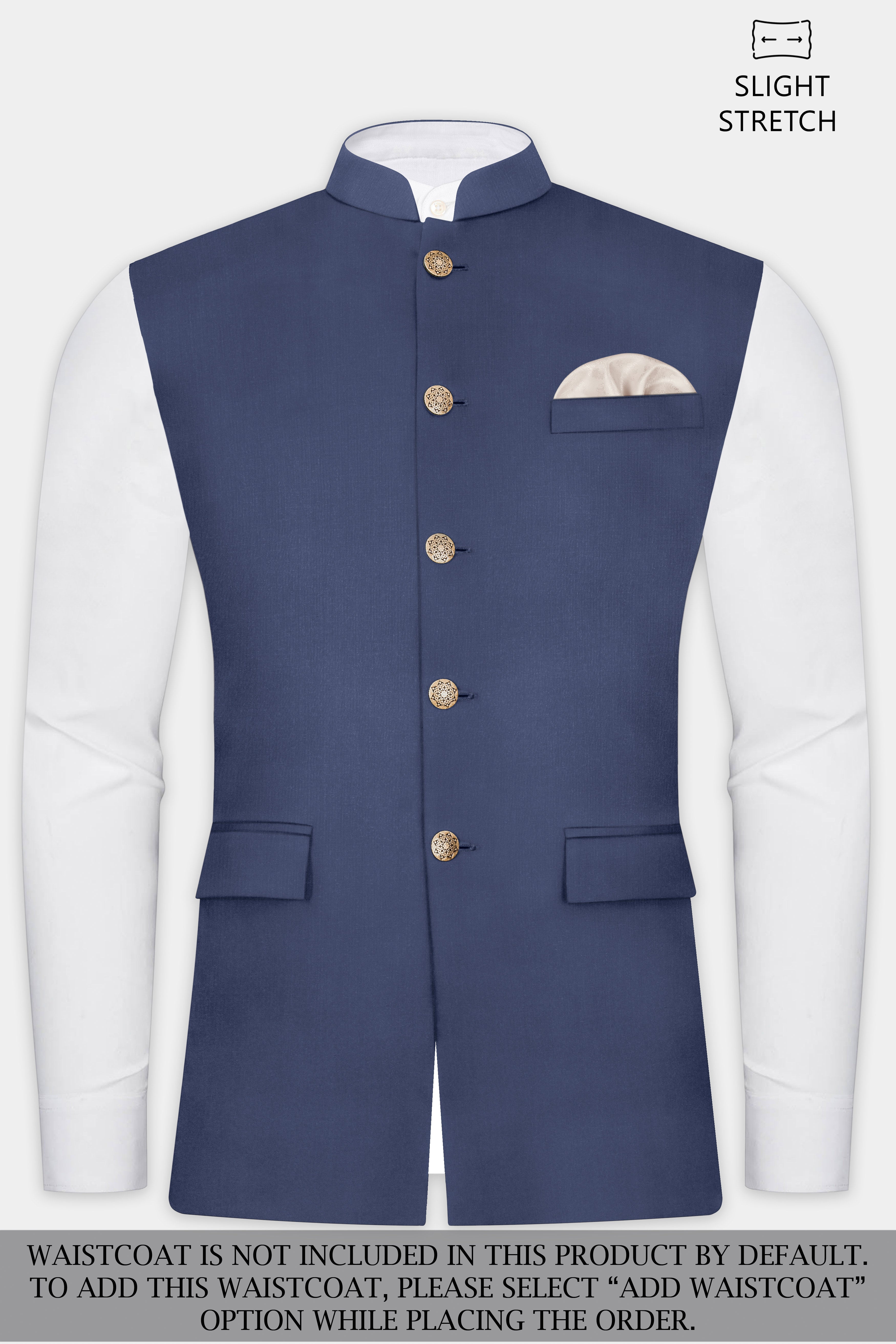 Sapphire-Glaucous Blue Solid Wool Rich Cross Placket Bandhgala Slight Stretch Suit