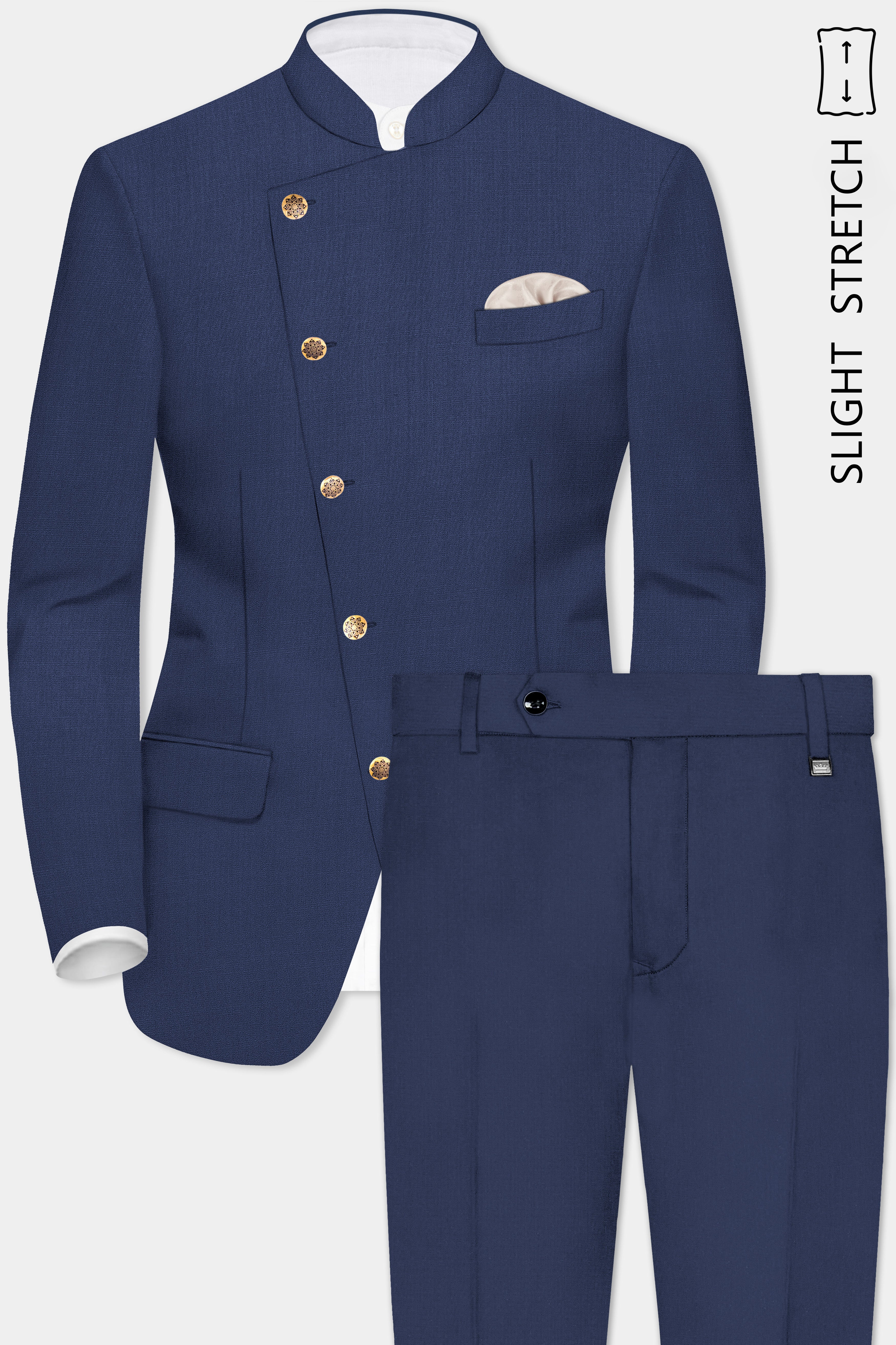 Sapphire-Glaucous Blue Solid Wool Rich Cross Placket Bandhgala Slight Stretch Suit