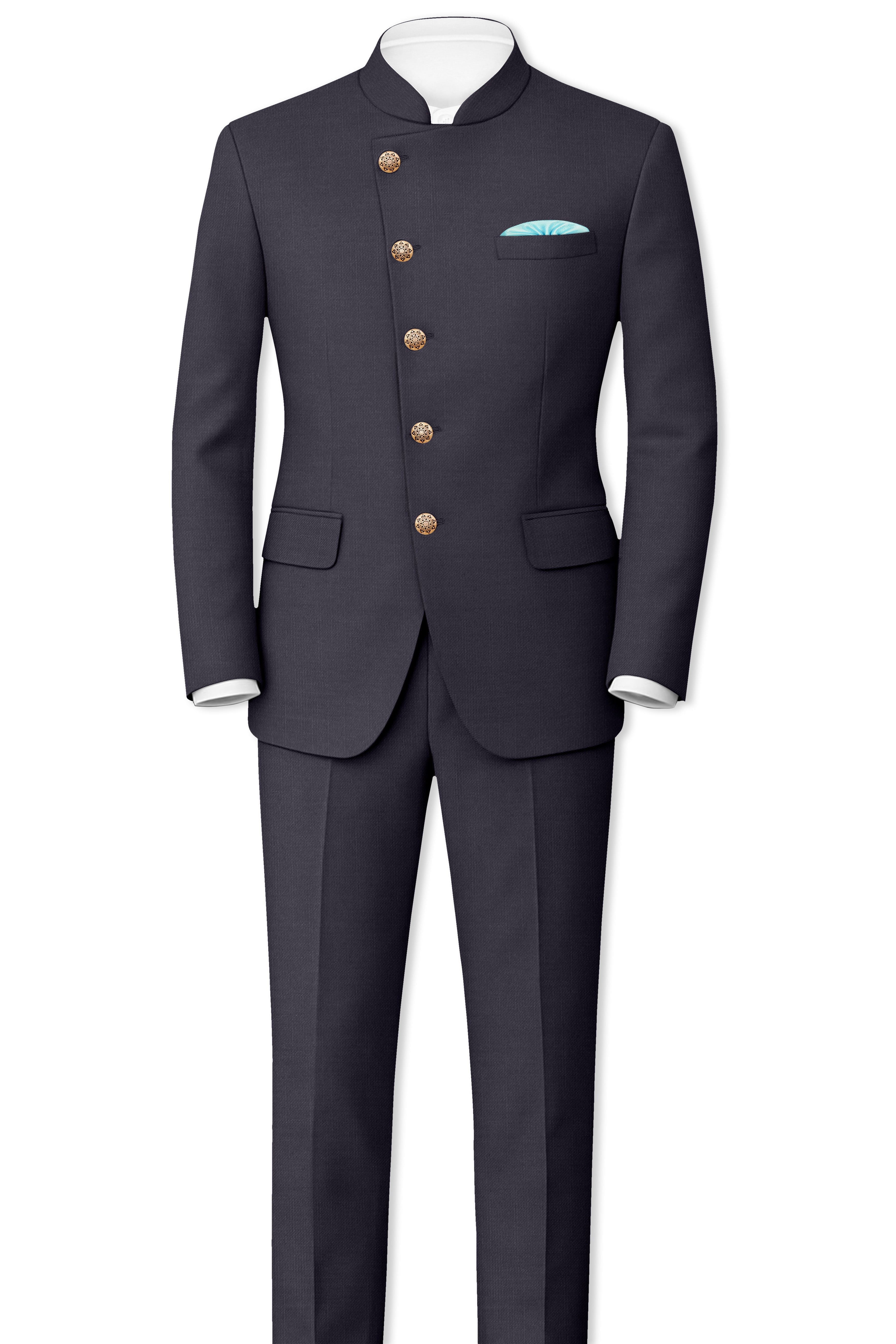 Vogue-Glaucous Gray Solid Wool Rich Cross Placket Bandhgala Slight Stretch Suit