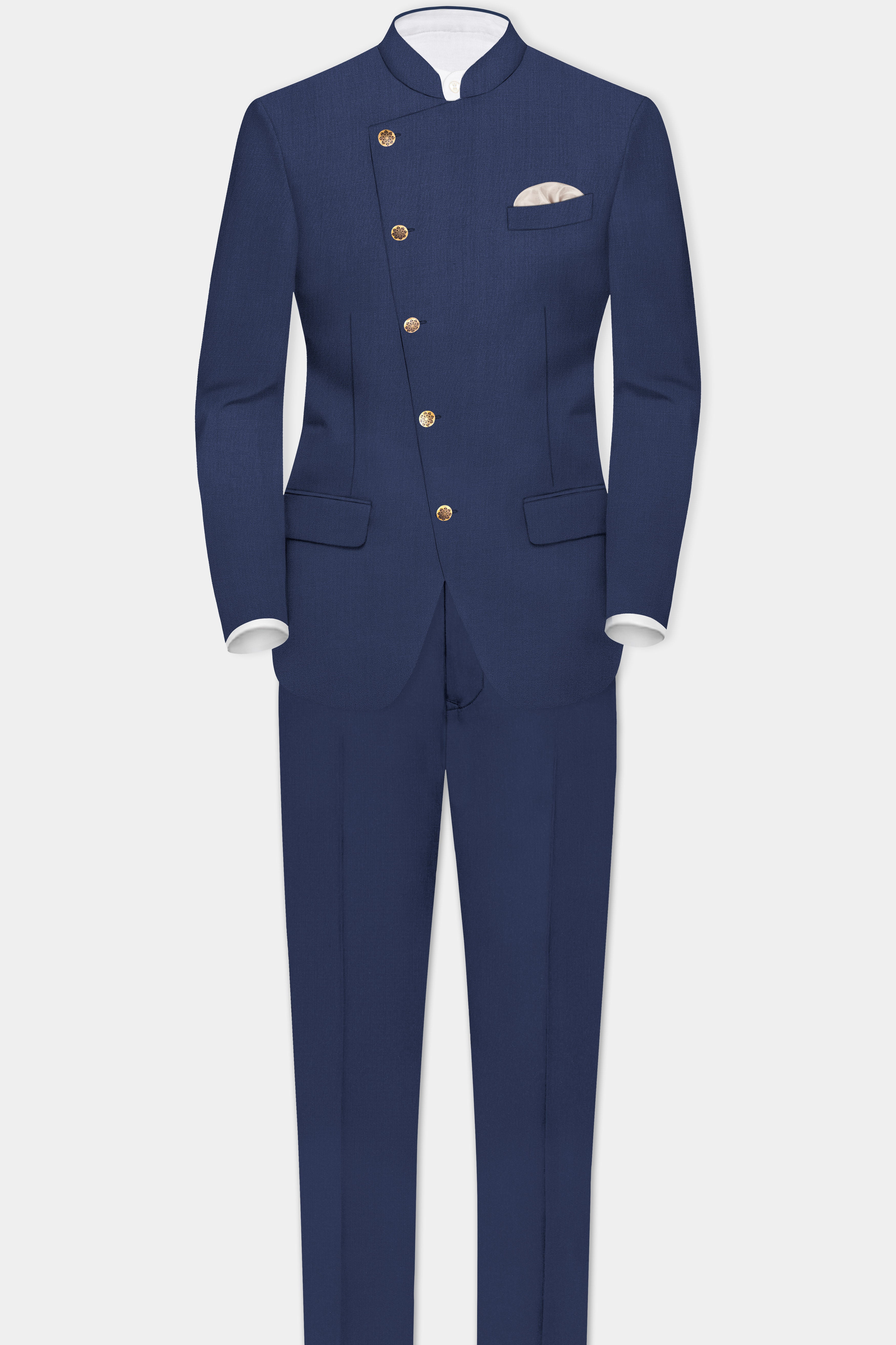 Sapphire-Glaucous Blue Solid Wool Rich Cross Placket Bandhgala Slight Stretch Suit