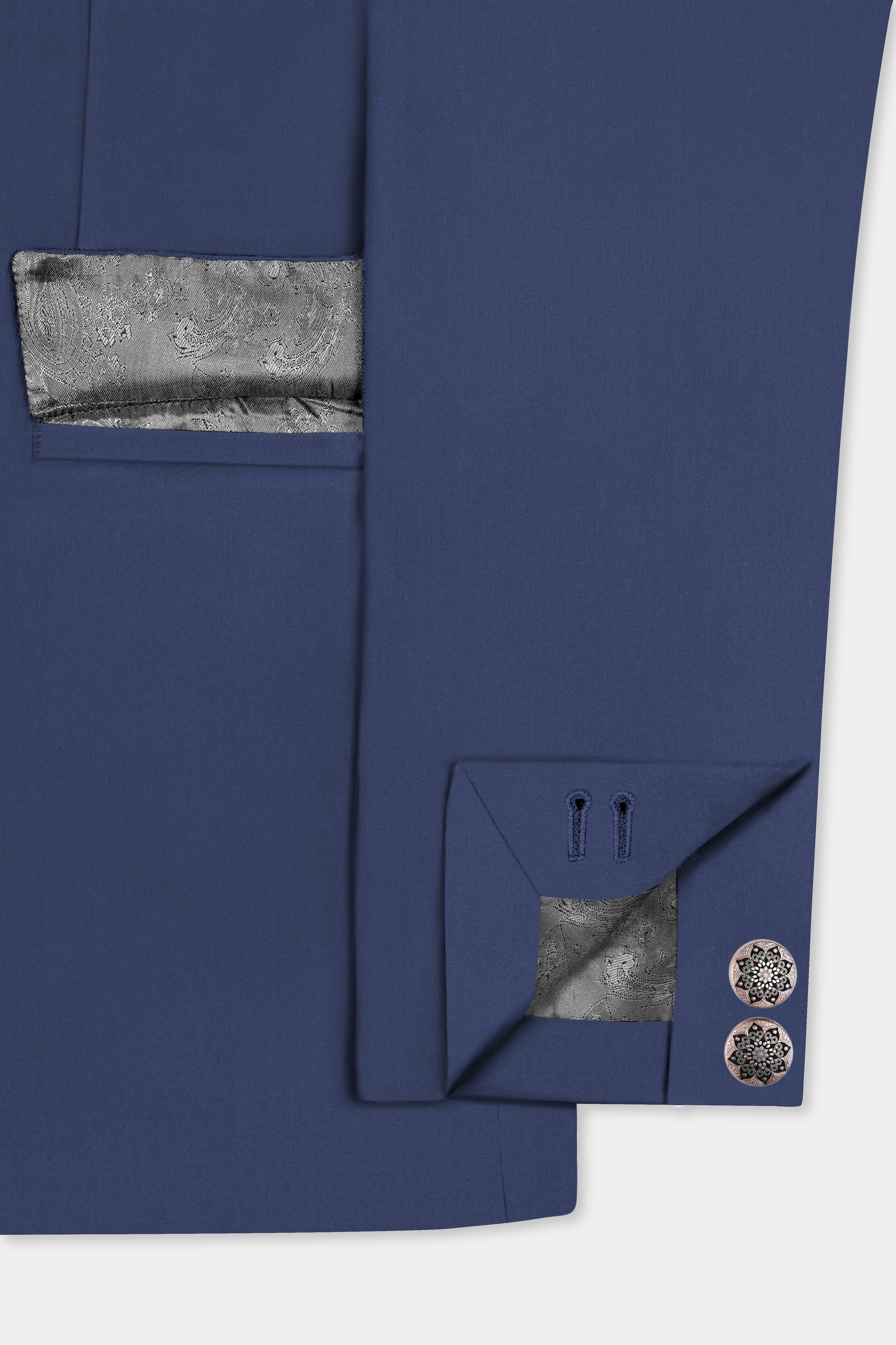 Sapphire-Glaucous Blue Solid Wool Rich Cross Placket Bandhgala Slight Stretch Suit