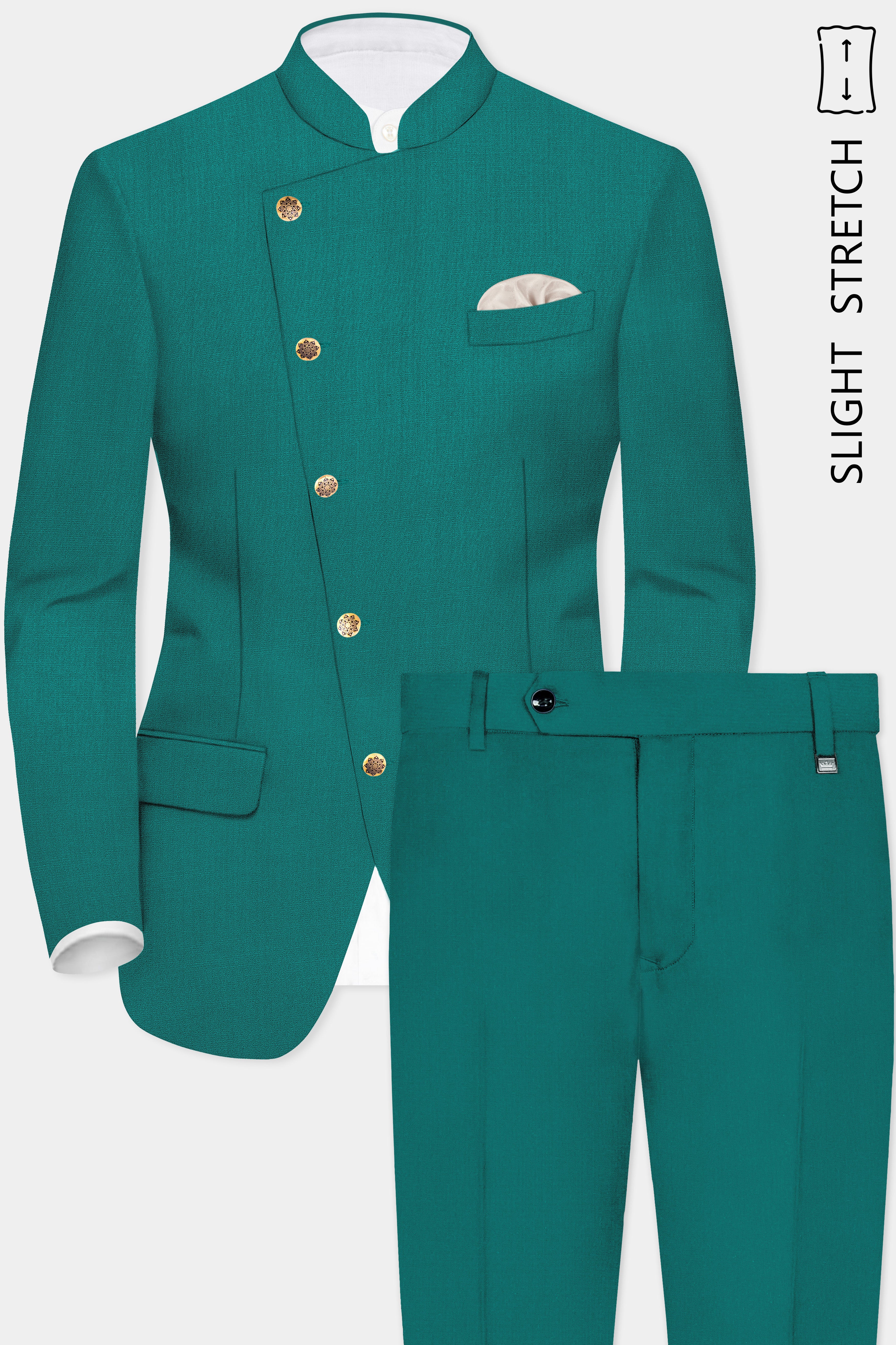 Verdant Classic-Surfie Green Solid Wool Rich Cross Placket Bandhgala Slight Stretch Suit