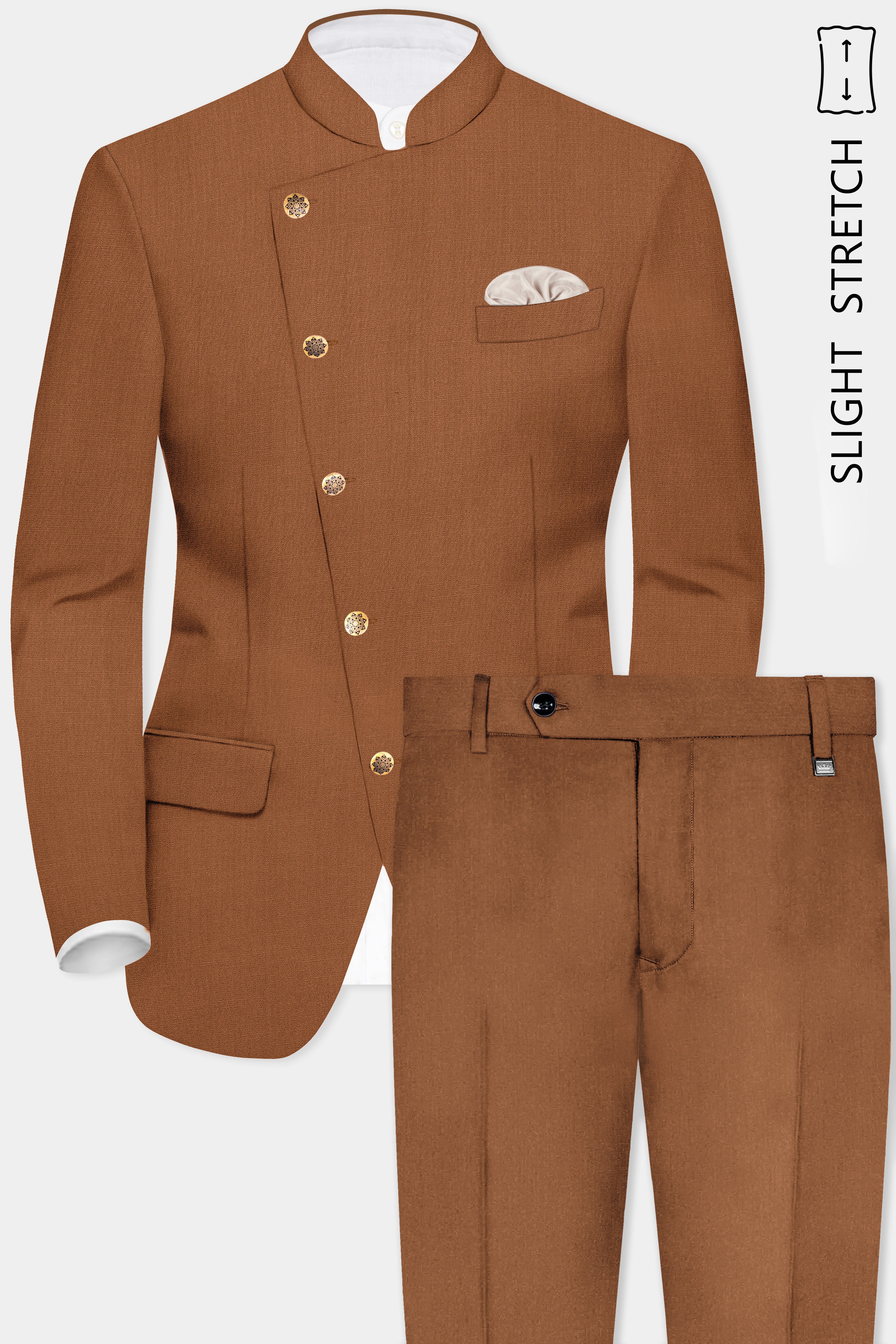 Cinnamon Oak-Sienna Brown Solid Wool Rich Cross Placket Bandhgala Slight Stretch Suit