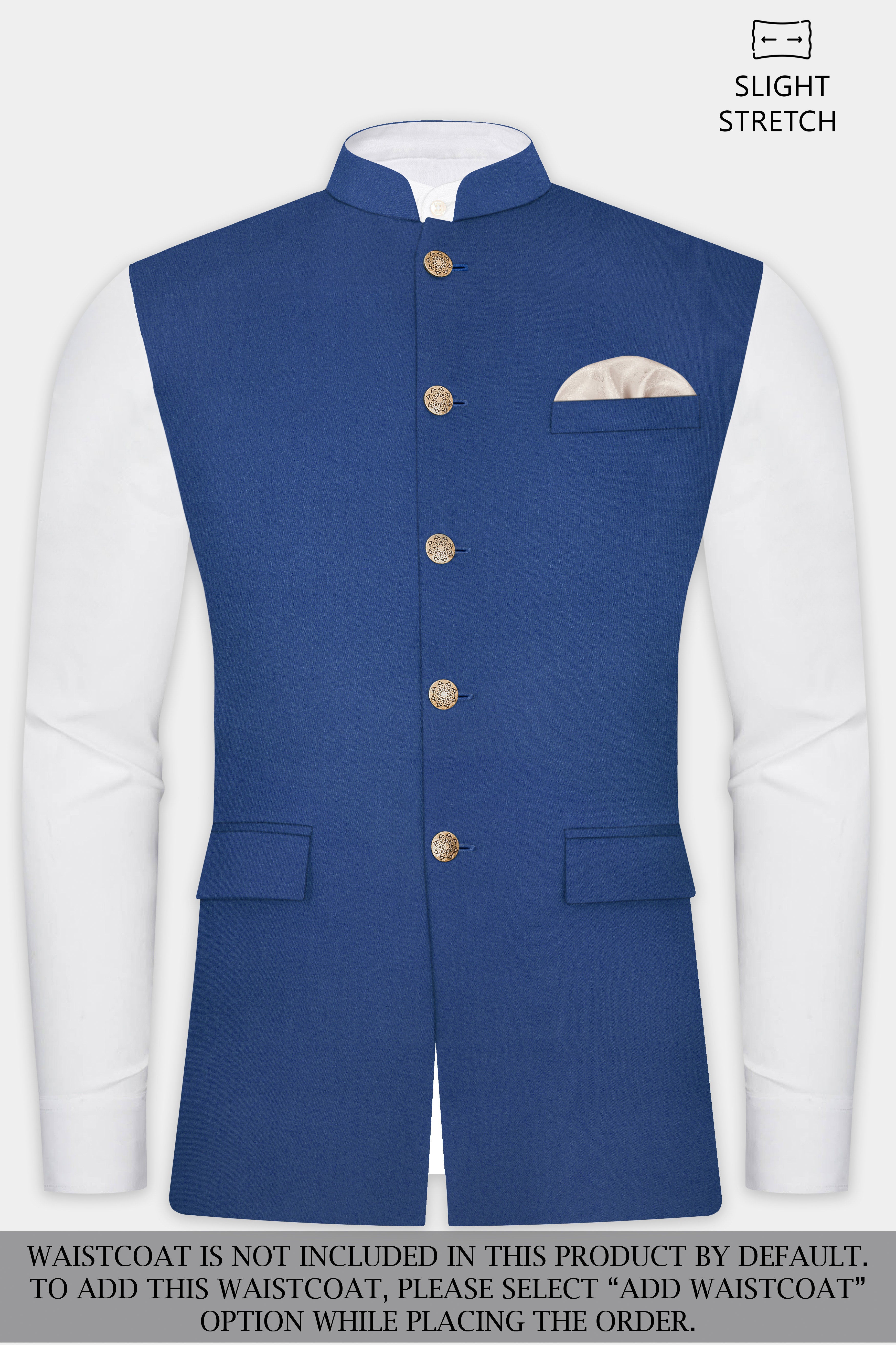 Cerulean Elite-Cobalt Blue Solid Wool Rich Cross Placket Bandhgala Slight Stretch Suit