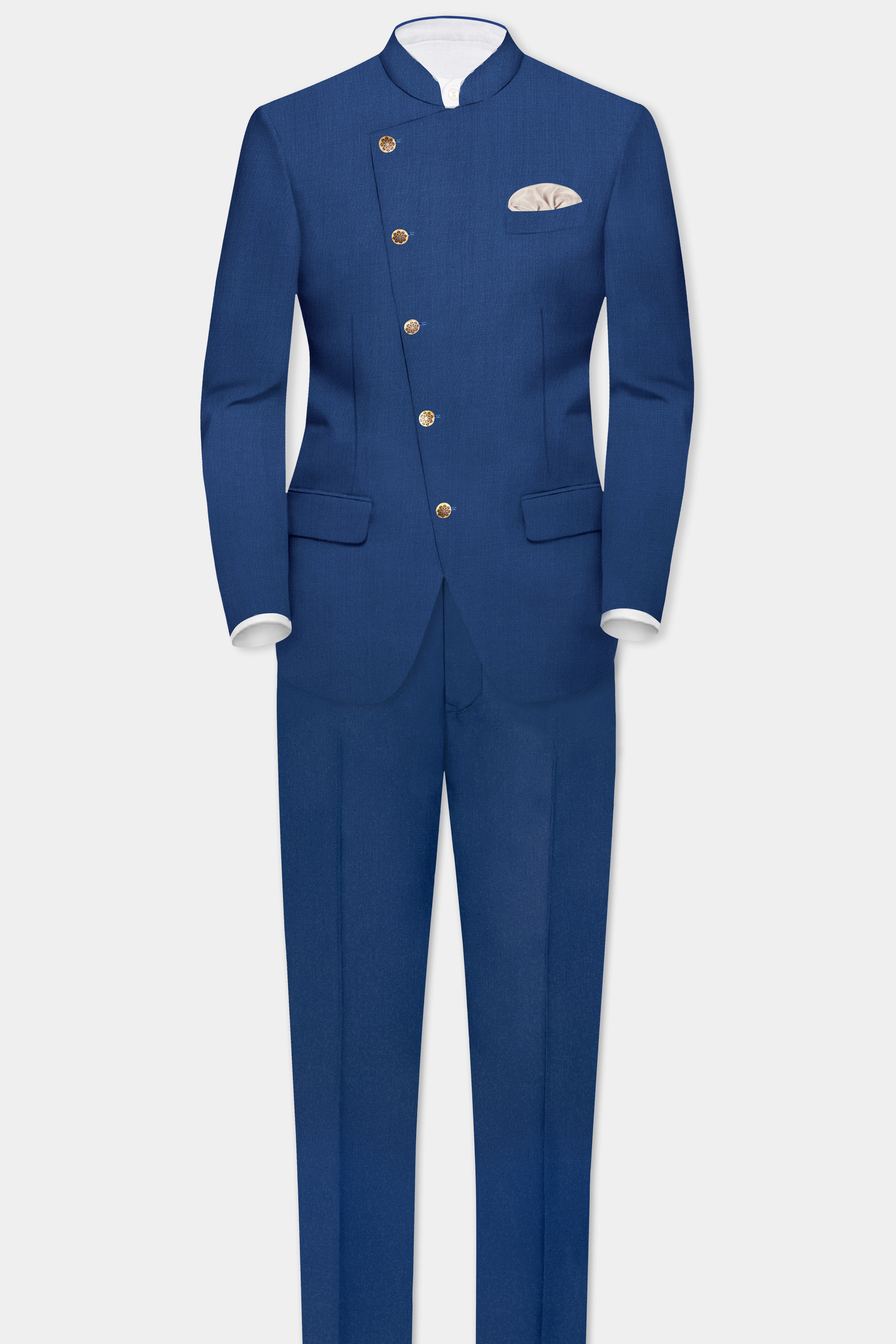 Cerulean Elite-Cobalt Blue Solid Wool Rich Cross Placket Bandhgala Slight Stretch Suit