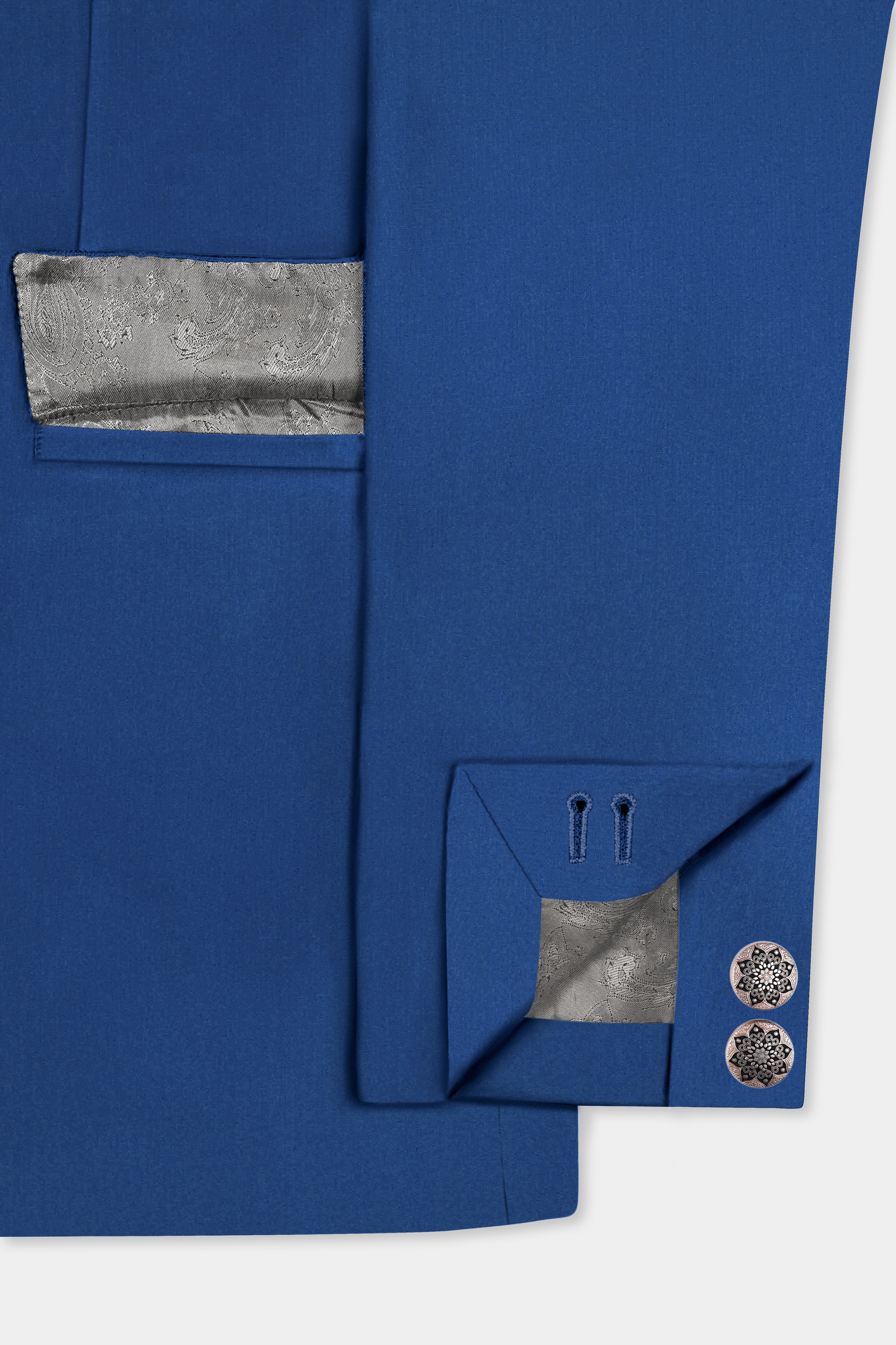 Cerulean Elite-Cobalt Blue Solid Wool Rich Cross Placket Bandhgala Slight Stretch Suit