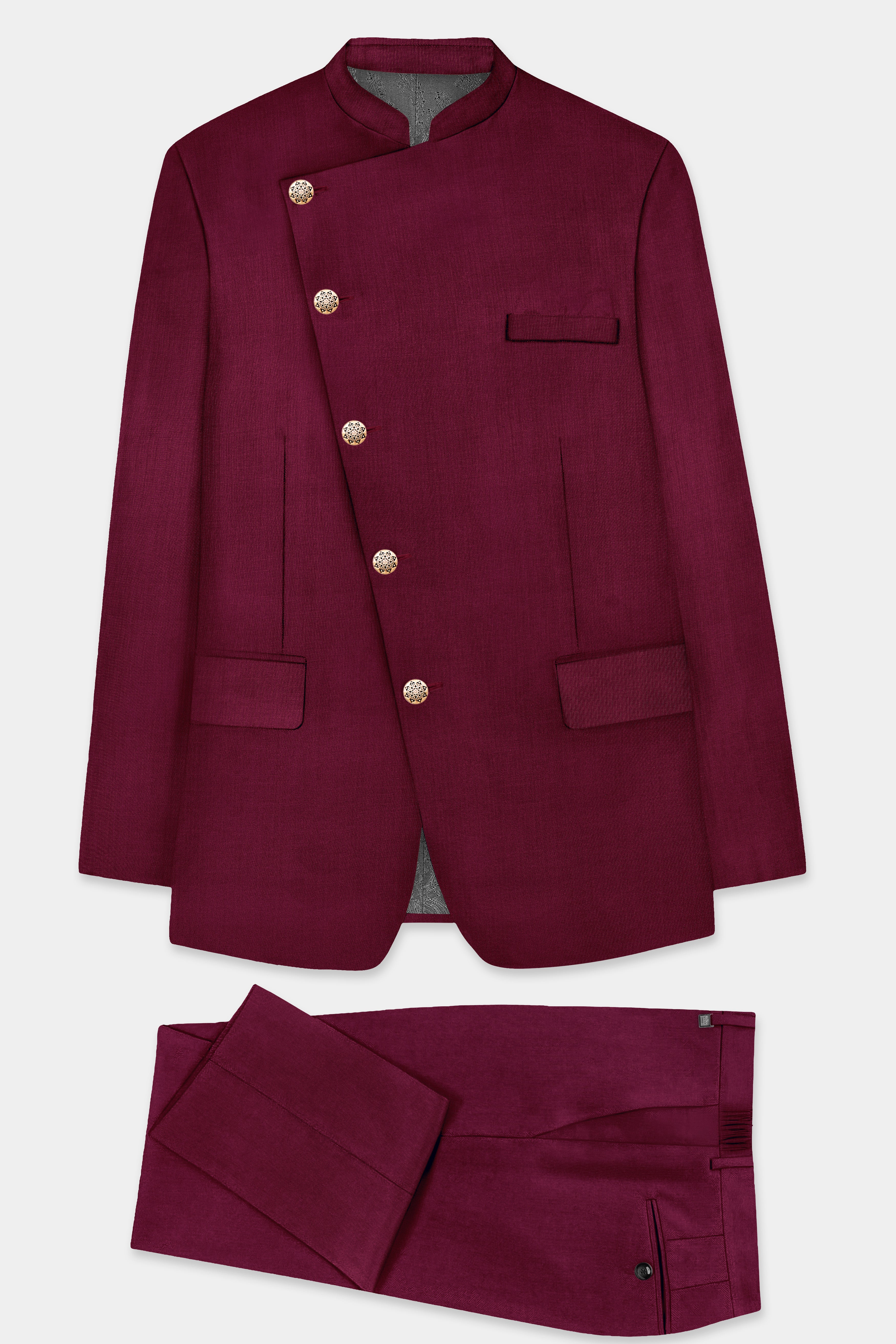 Regal Maroon-Tamarind Solid Wool Rich Cross Placket Bandhgala Slight Stretch Suit