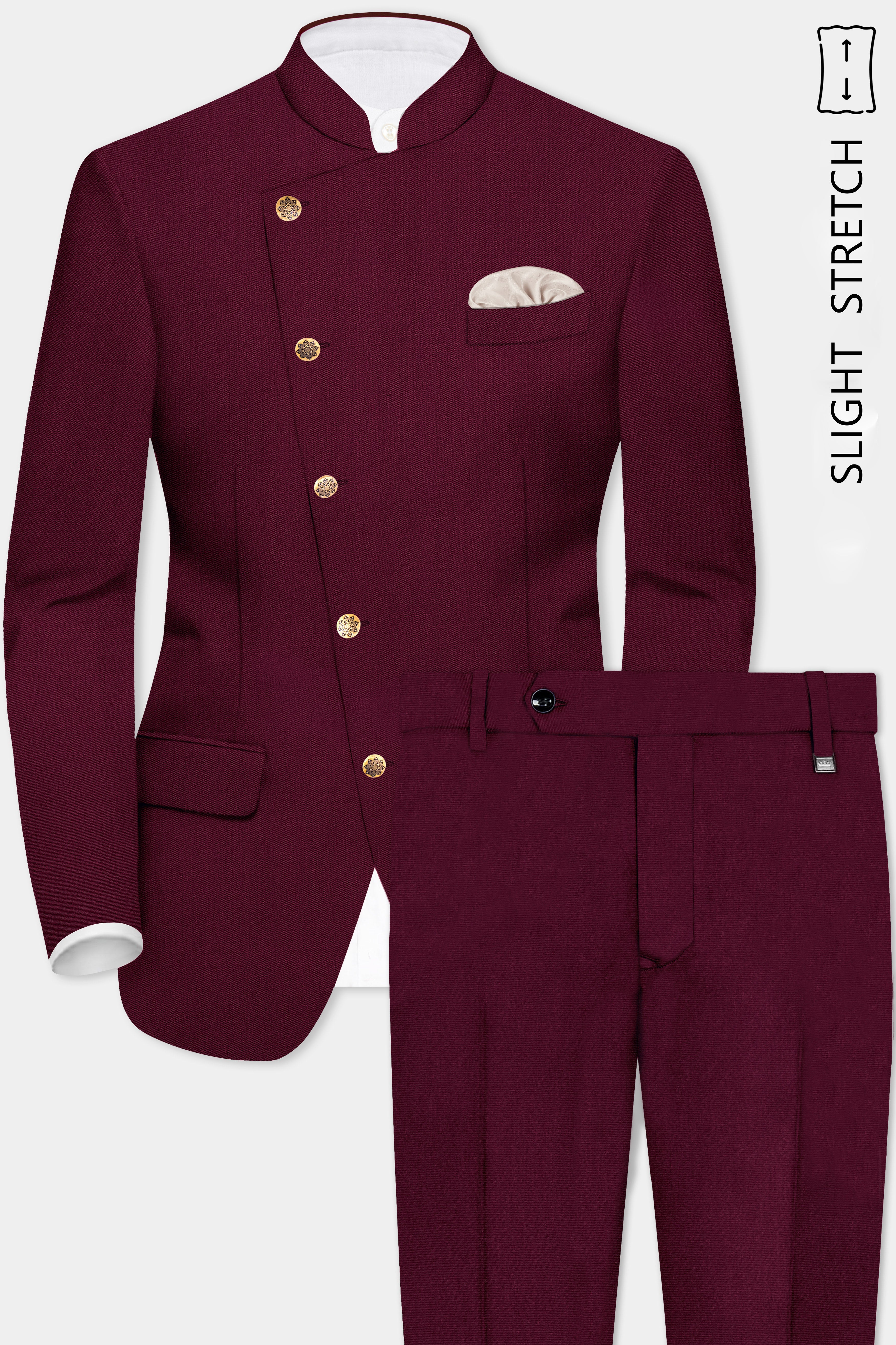 Regal Maroon-Tamarind Solid Wool Rich Cross Placket Bandhgala Slight Stretch Suit