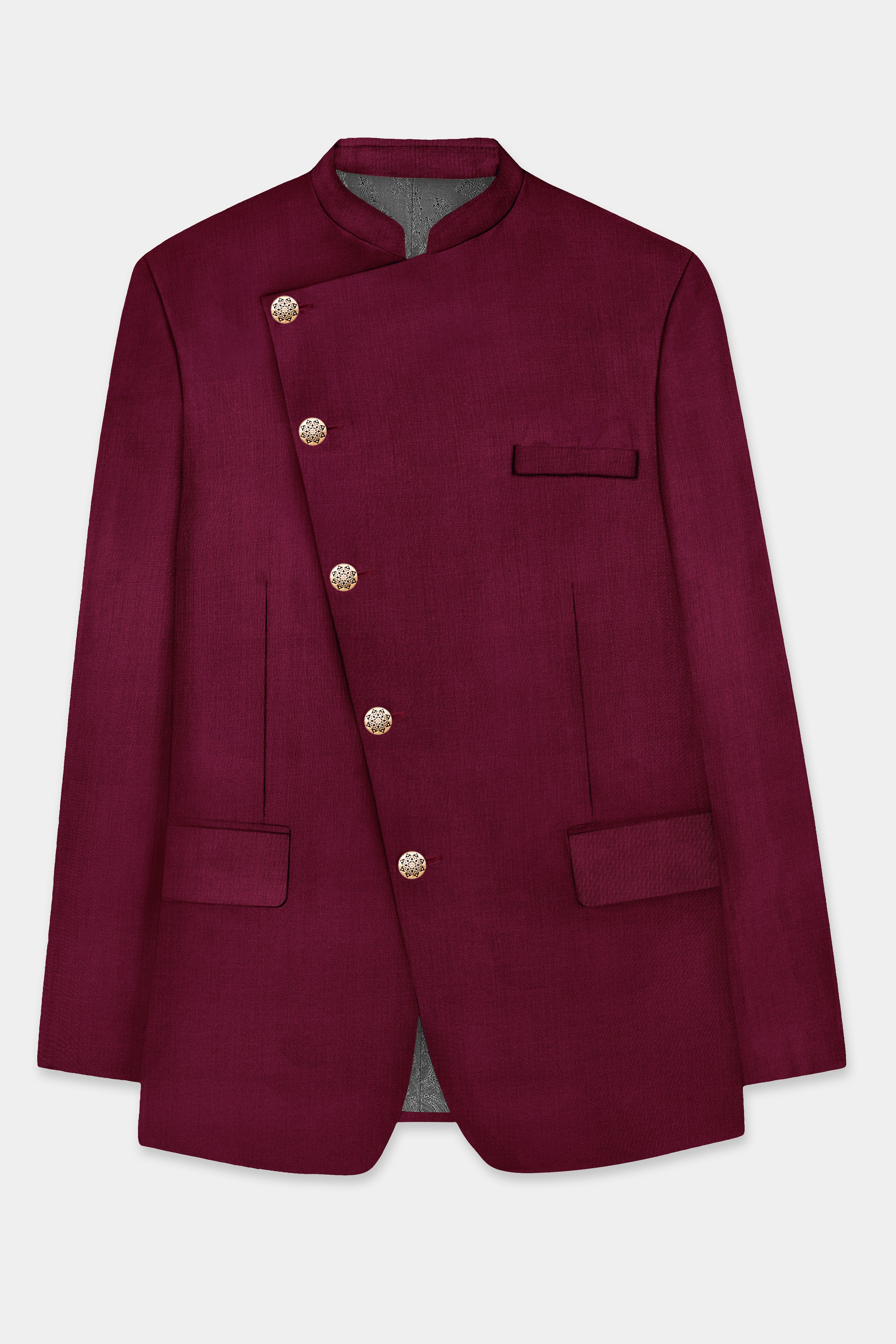 Regal Maroon-Tamarind Solid Wool Rich Cross Placket Bandhgala Slight Stretch Suit
