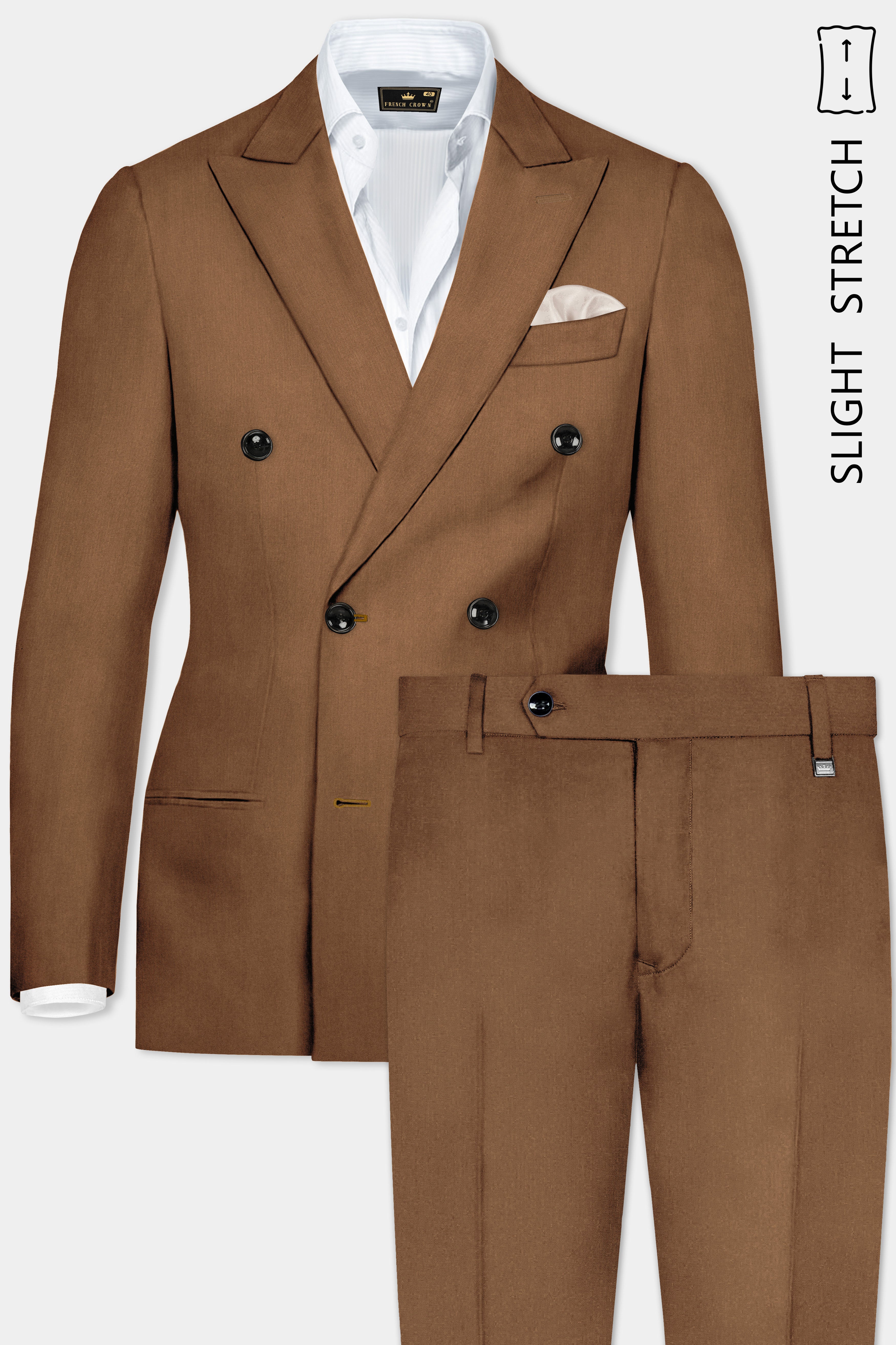 Bronze-Tawny Brown Solid Wool Rich Double Breasted Slight Stretch Suit