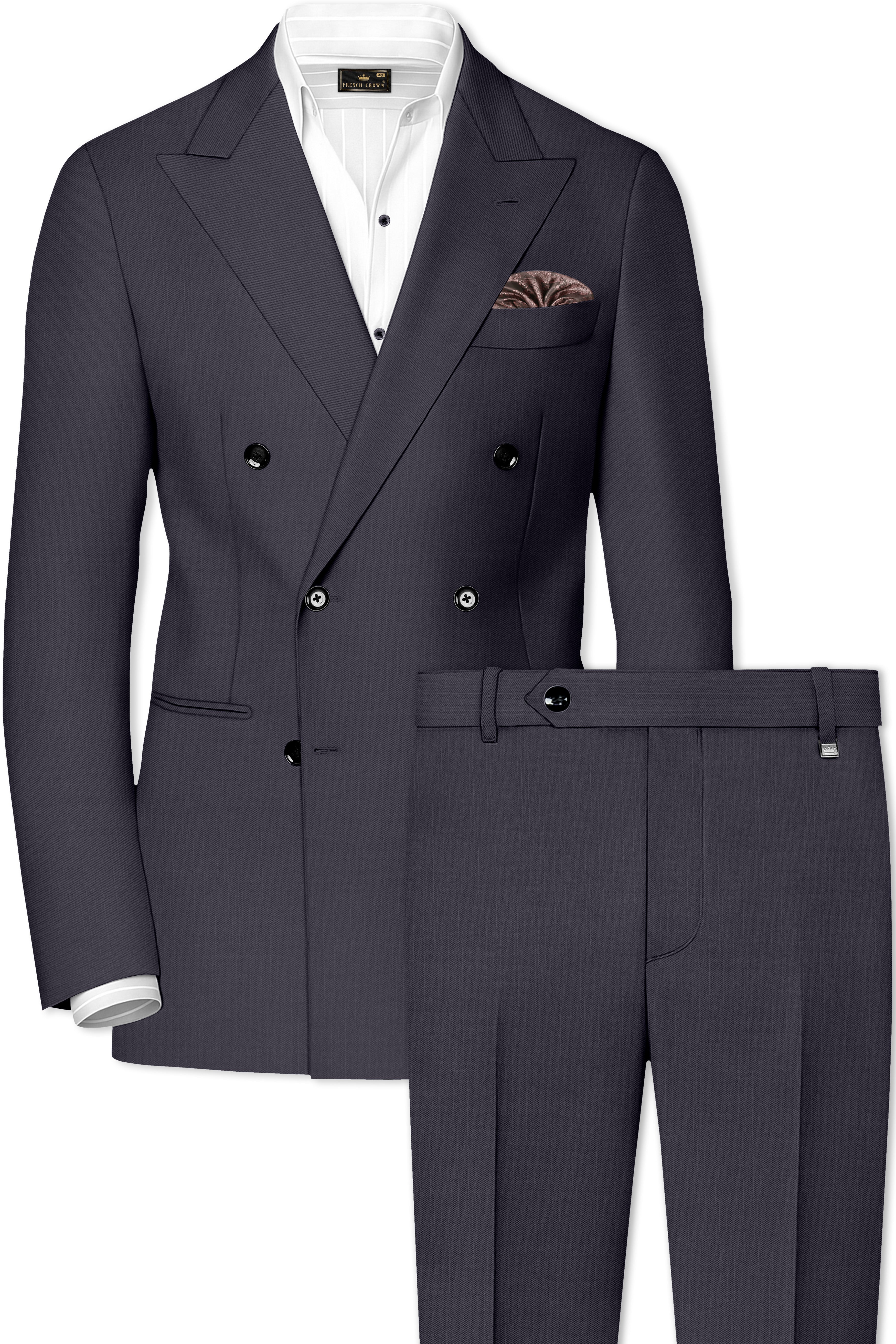 Sapphire-Glaucous Gray Solid Wool Rich Double Breasted Slight Stretch Suit