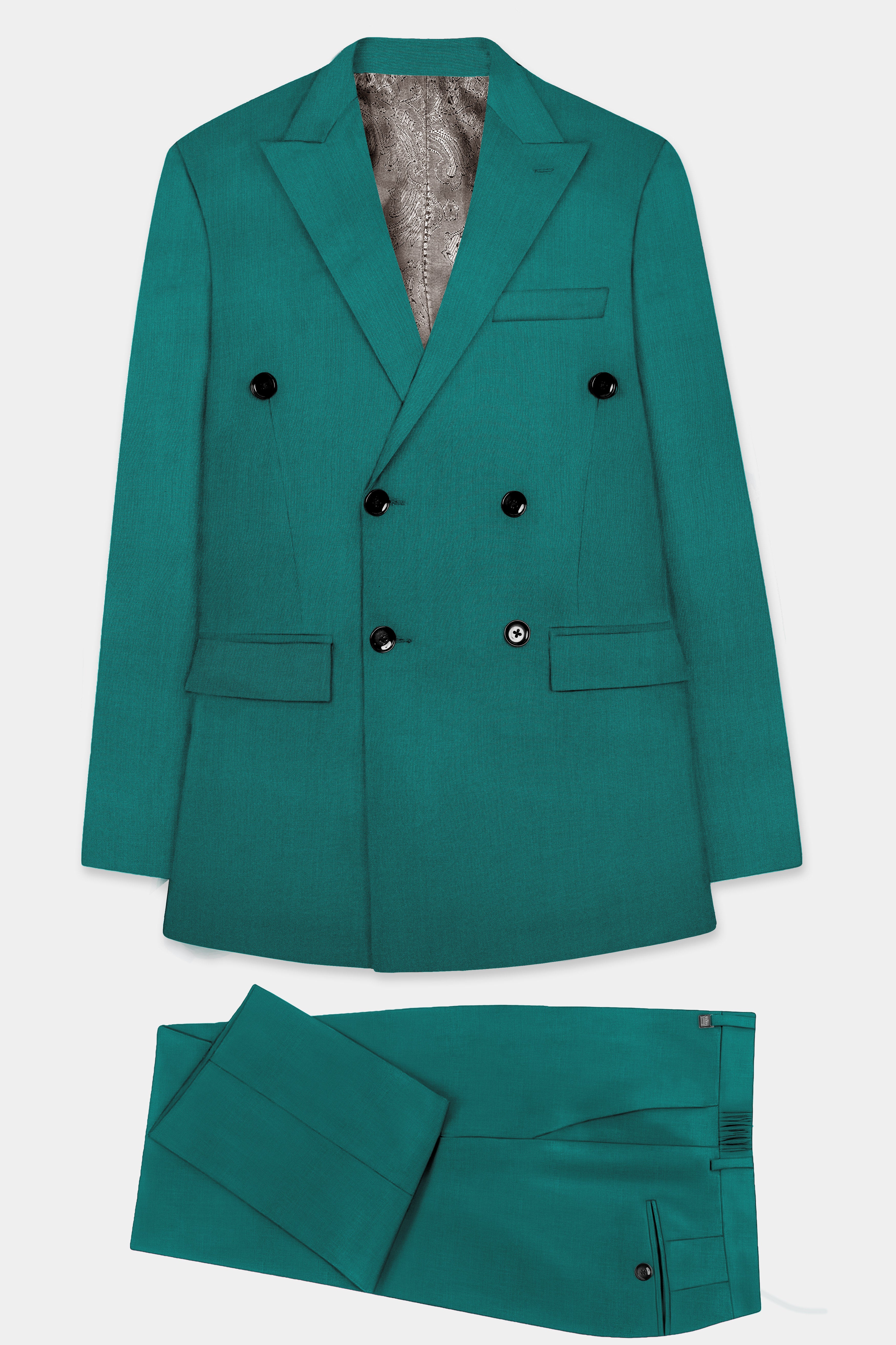 Verdant Classic-Surfie Green Solid Wool Rich Double Breasted Slight Stretch Suit