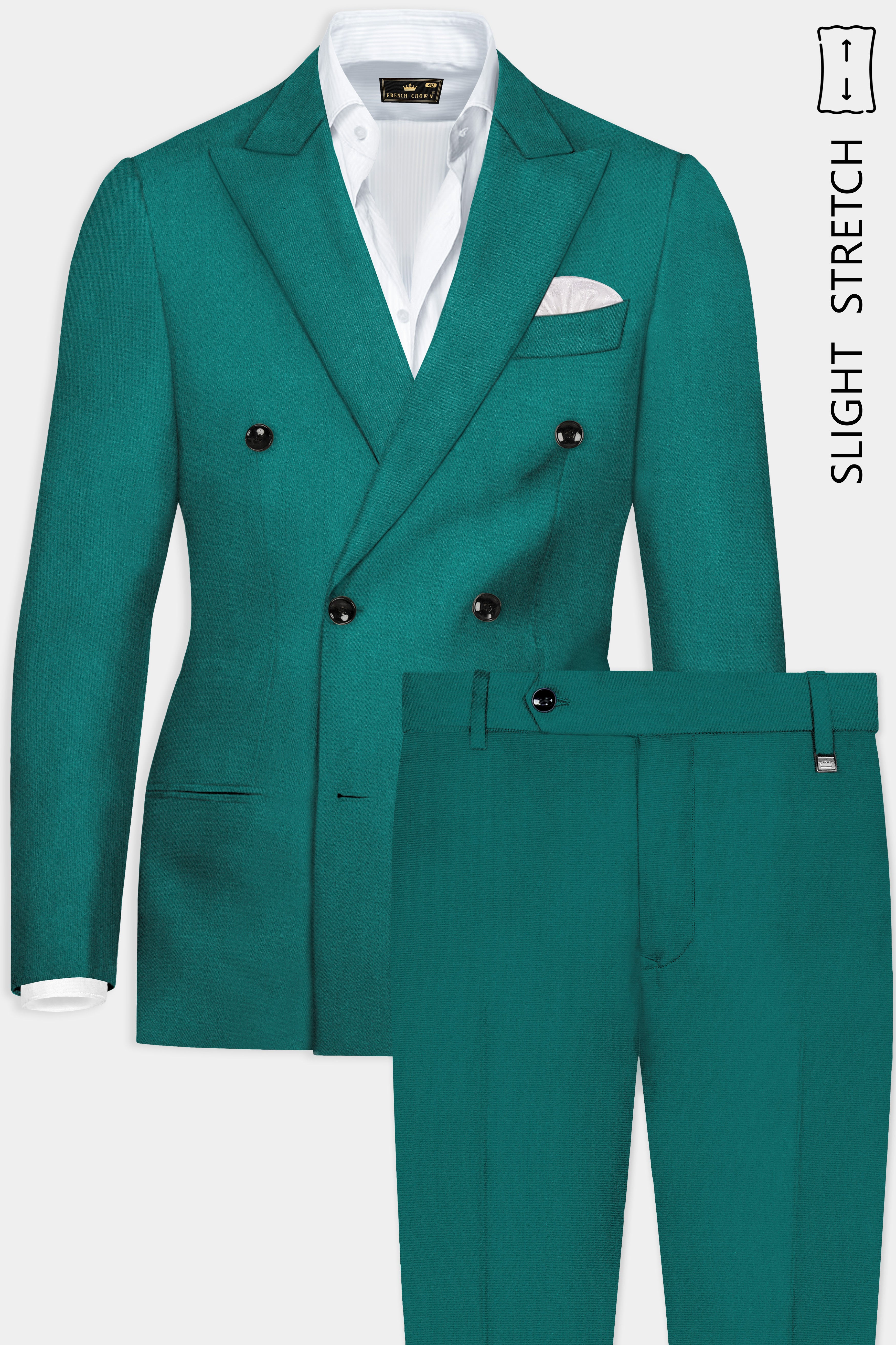 Verdant Classic-Surfie Green Solid Wool Rich Double Breasted Slight Stretch Suit