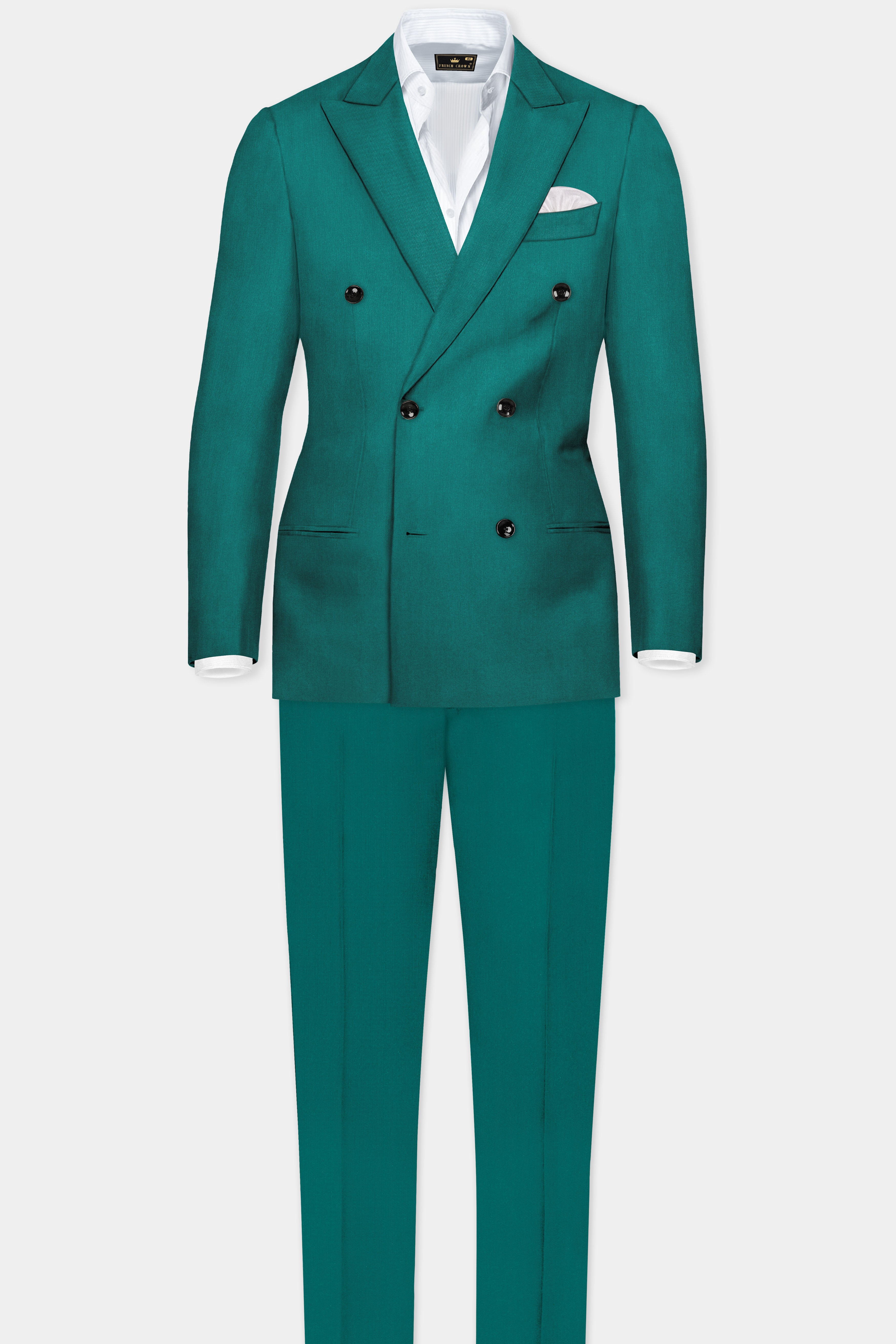 Verdant Classic-Surfie Green Solid Wool Rich Double Breasted Slight Stretch Suit