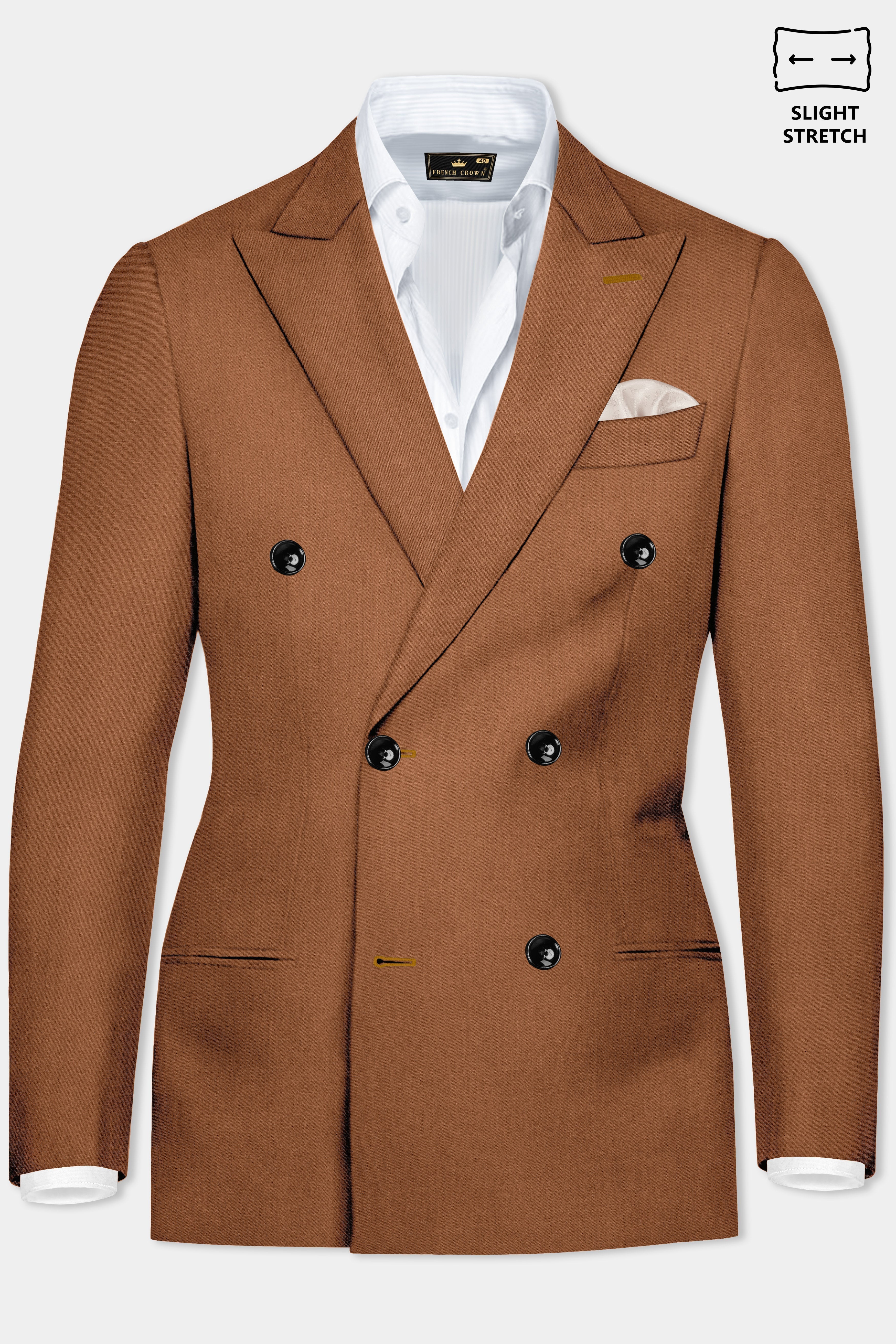 Cinnamon Oak-Sienna Brown Solid Wool Rich Double Breasted Slight Stretch Suit