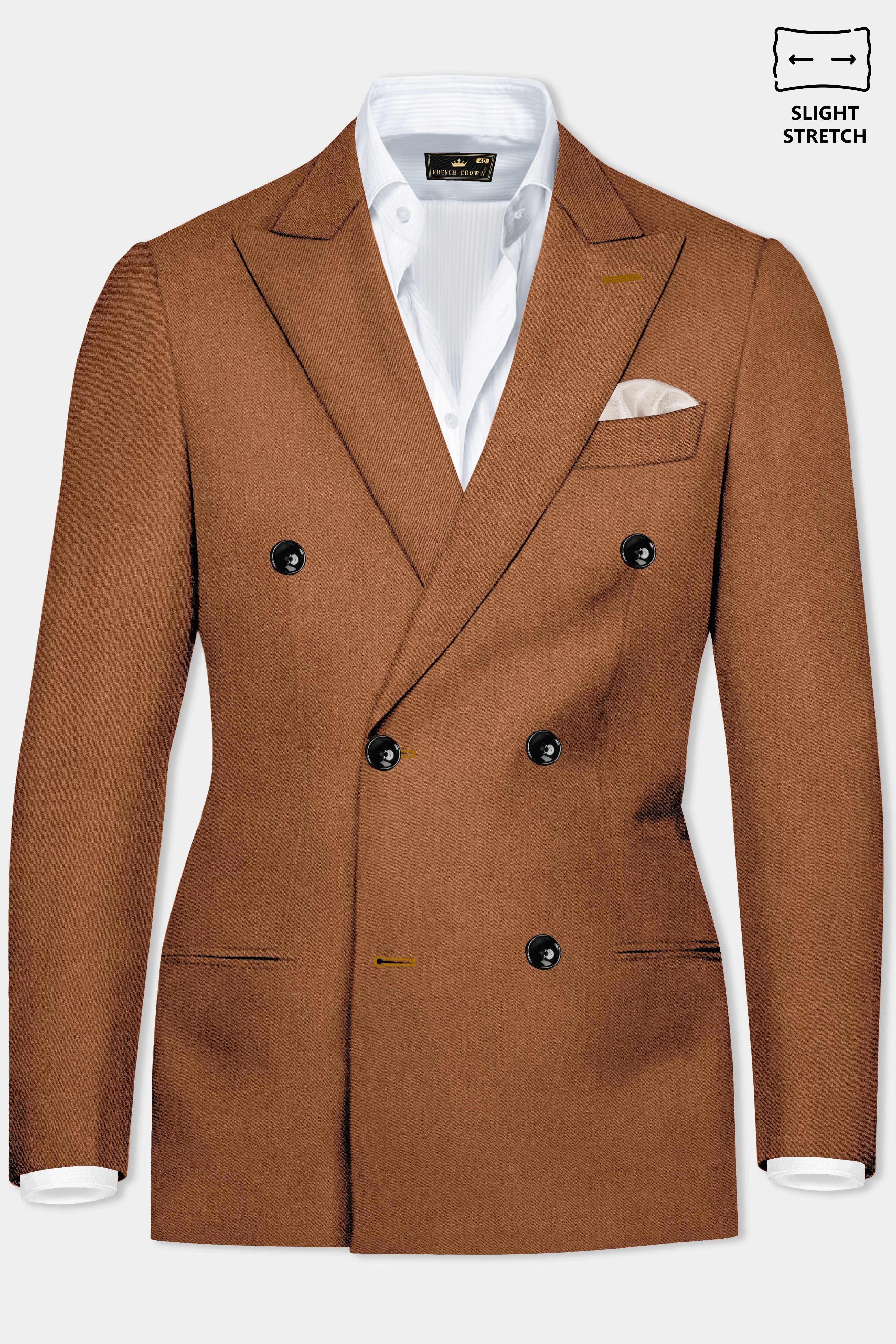 Cinnamon Oak-Sienna Brown Solid Wool Rich Double Breasted Slight Stretch Suit