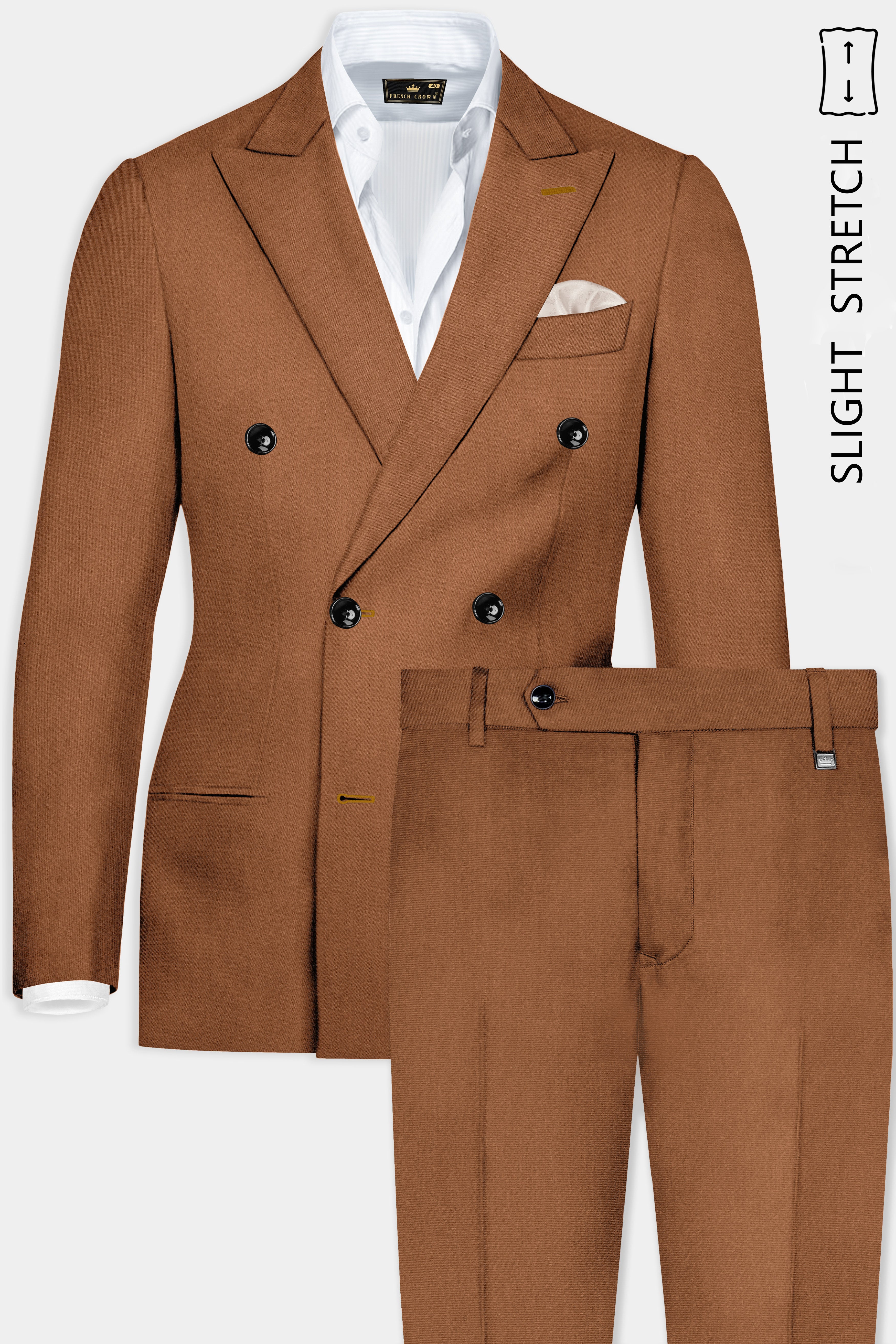 Cinnamon Oak-Sienna Brown Solid Wool Rich Double Breasted Slight Stretch Suit