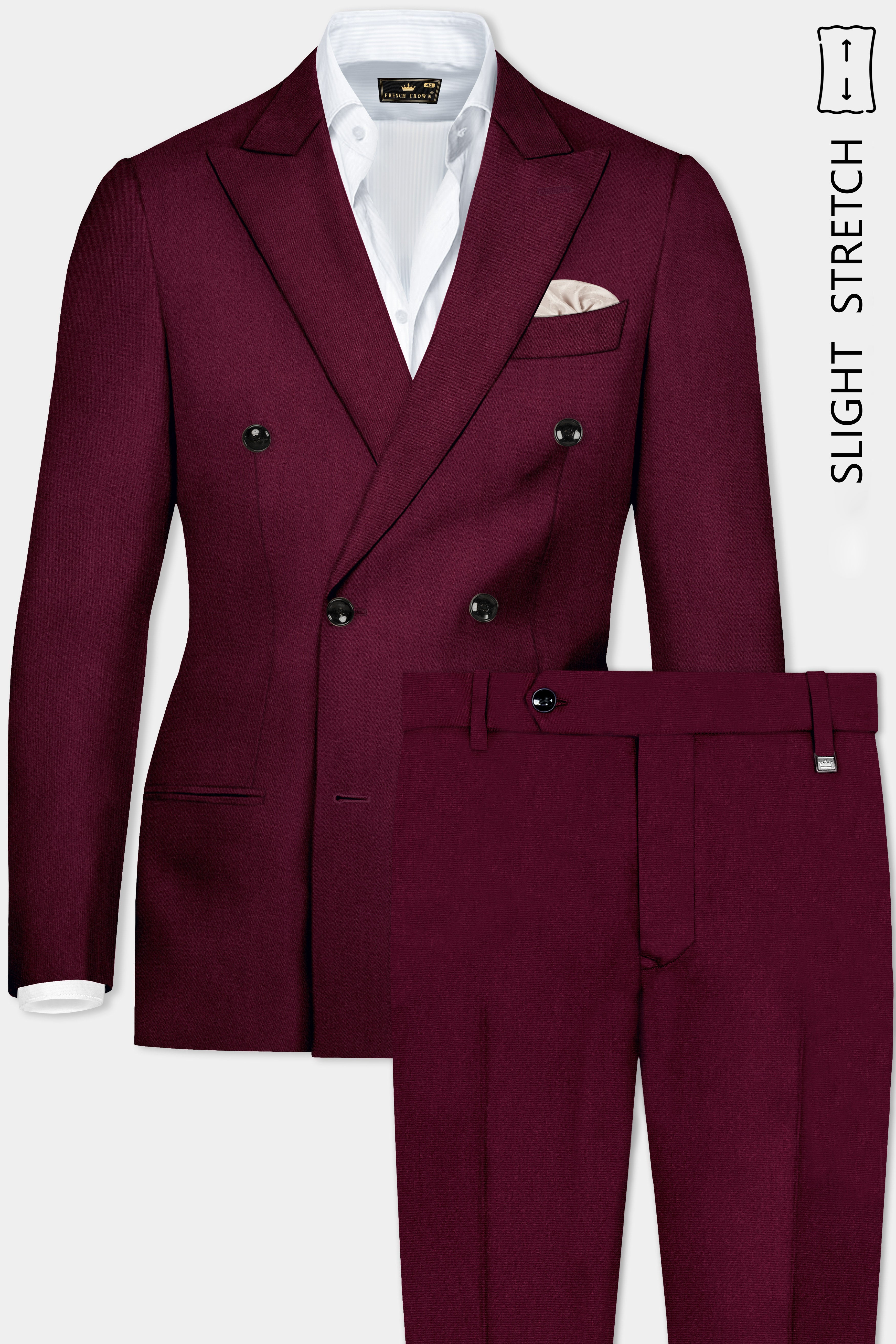 Regal Maroon-Tamarind Solid Wool Rich Double Breasted Slight Stretch Suit