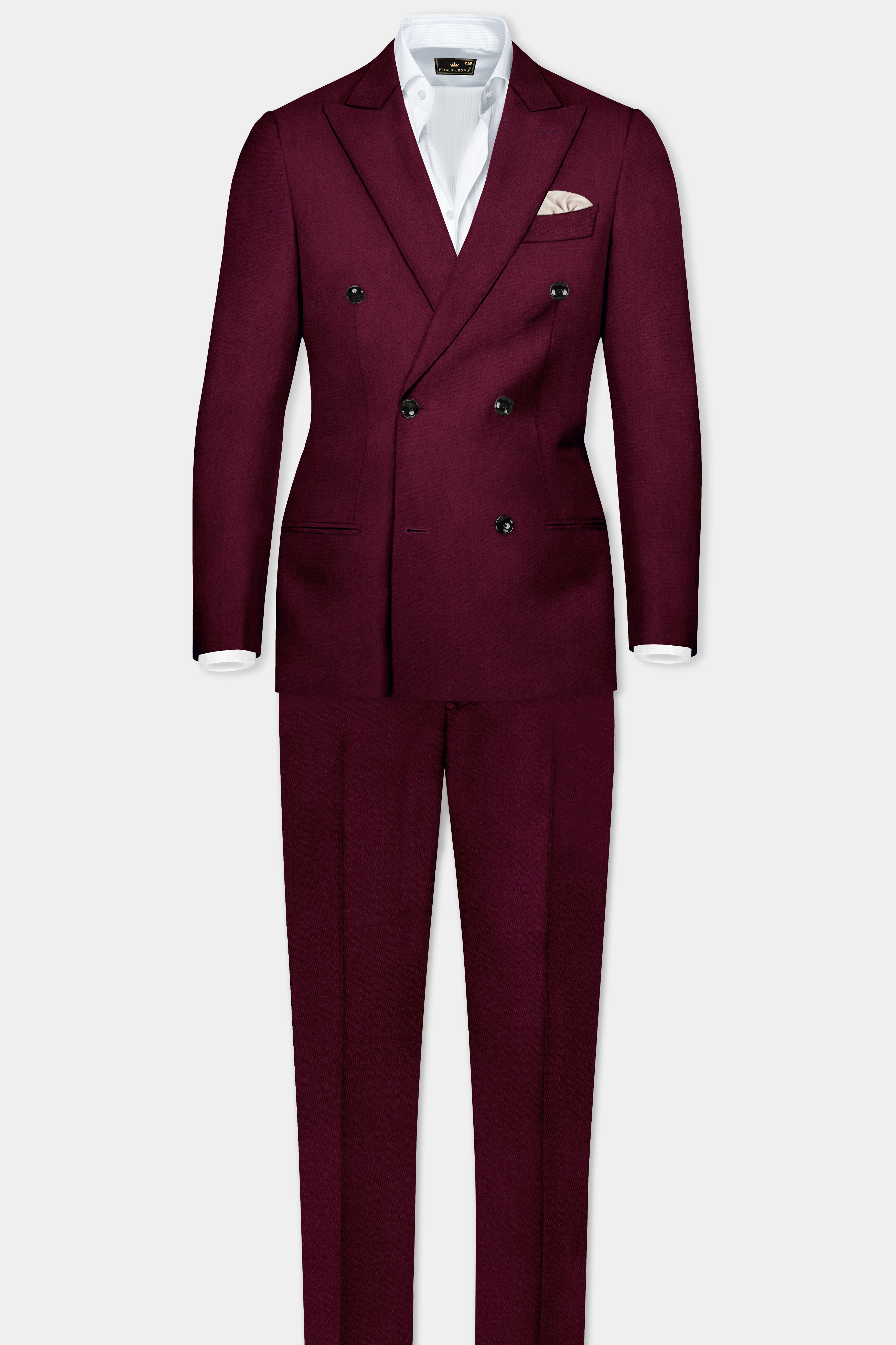 Regal Maroon-Tamarind Solid Wool Rich Double Breasted Slight Stretch Suit