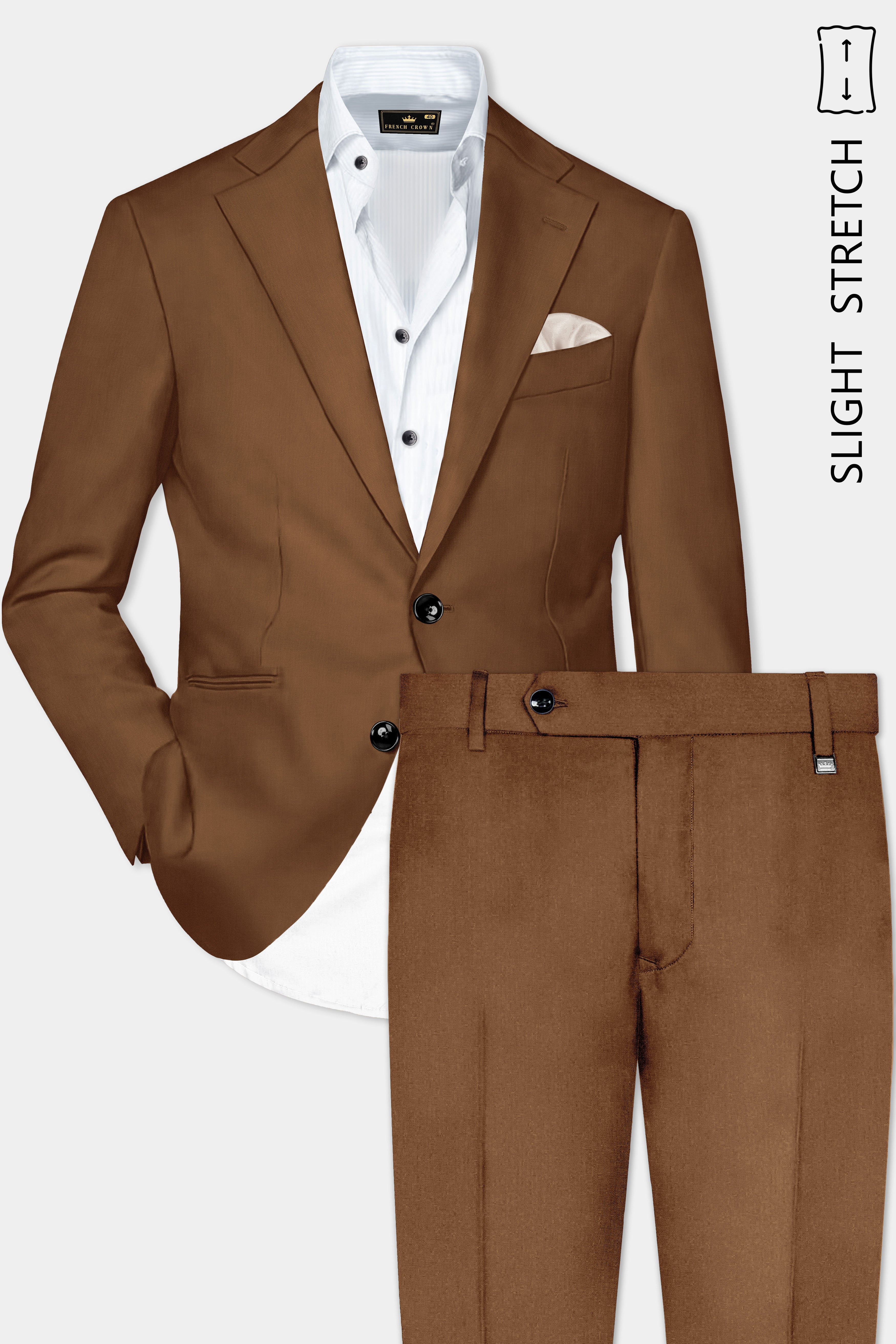 Bronze-Tawny Brown Solid Wool Rich Single Breasted Slight Stretch Suit