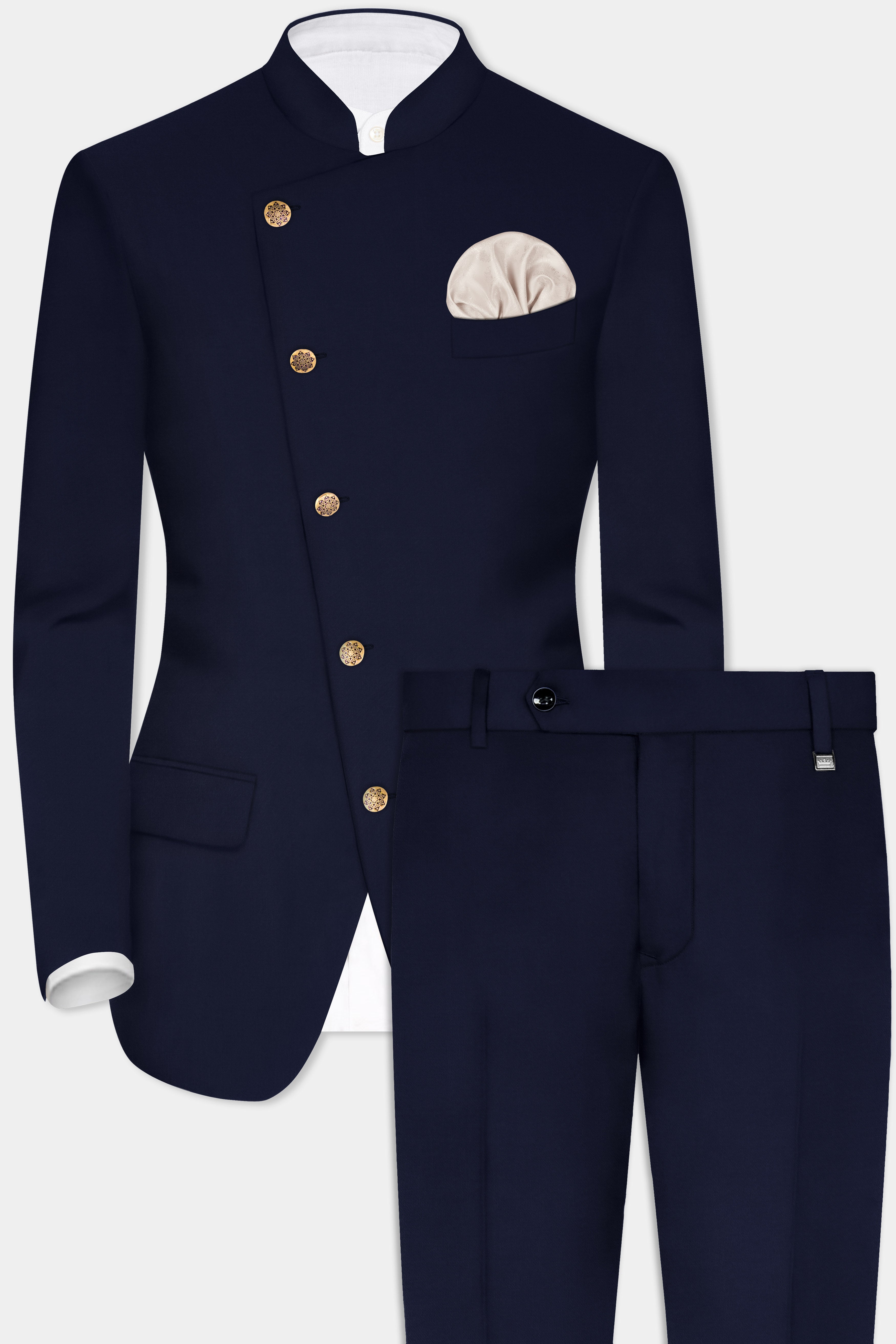 Navy Subtle Sheen Cross Placket Bandhgala/Mandarin Wool-Silk blend Suit