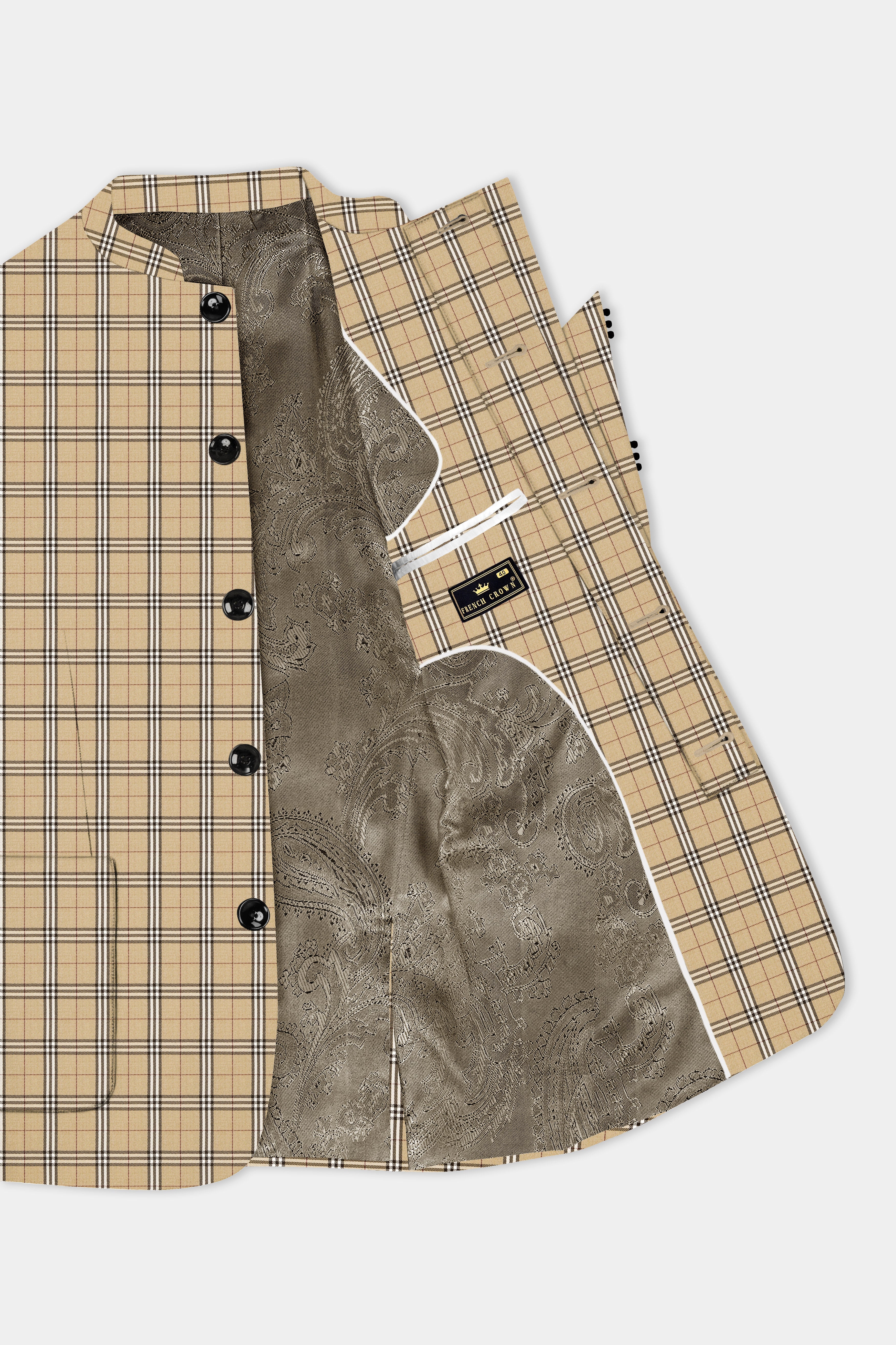 Noble Tones-Sandal Cream Plaid Wool Rich Bandhgala Designer Suit