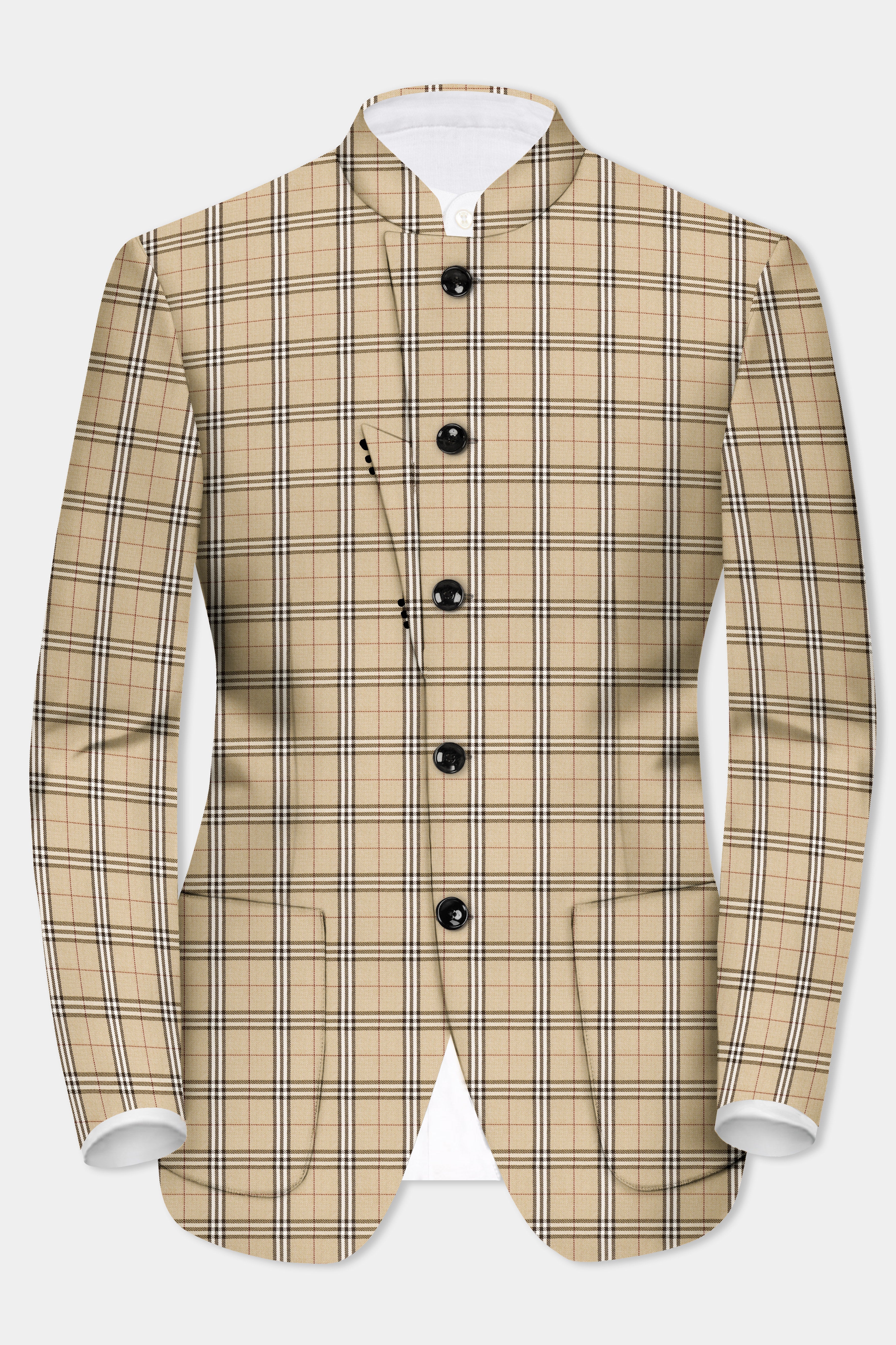 Noble Tones-Sandal Cream Plaid Wool Rich Bandhgala Designer Suit