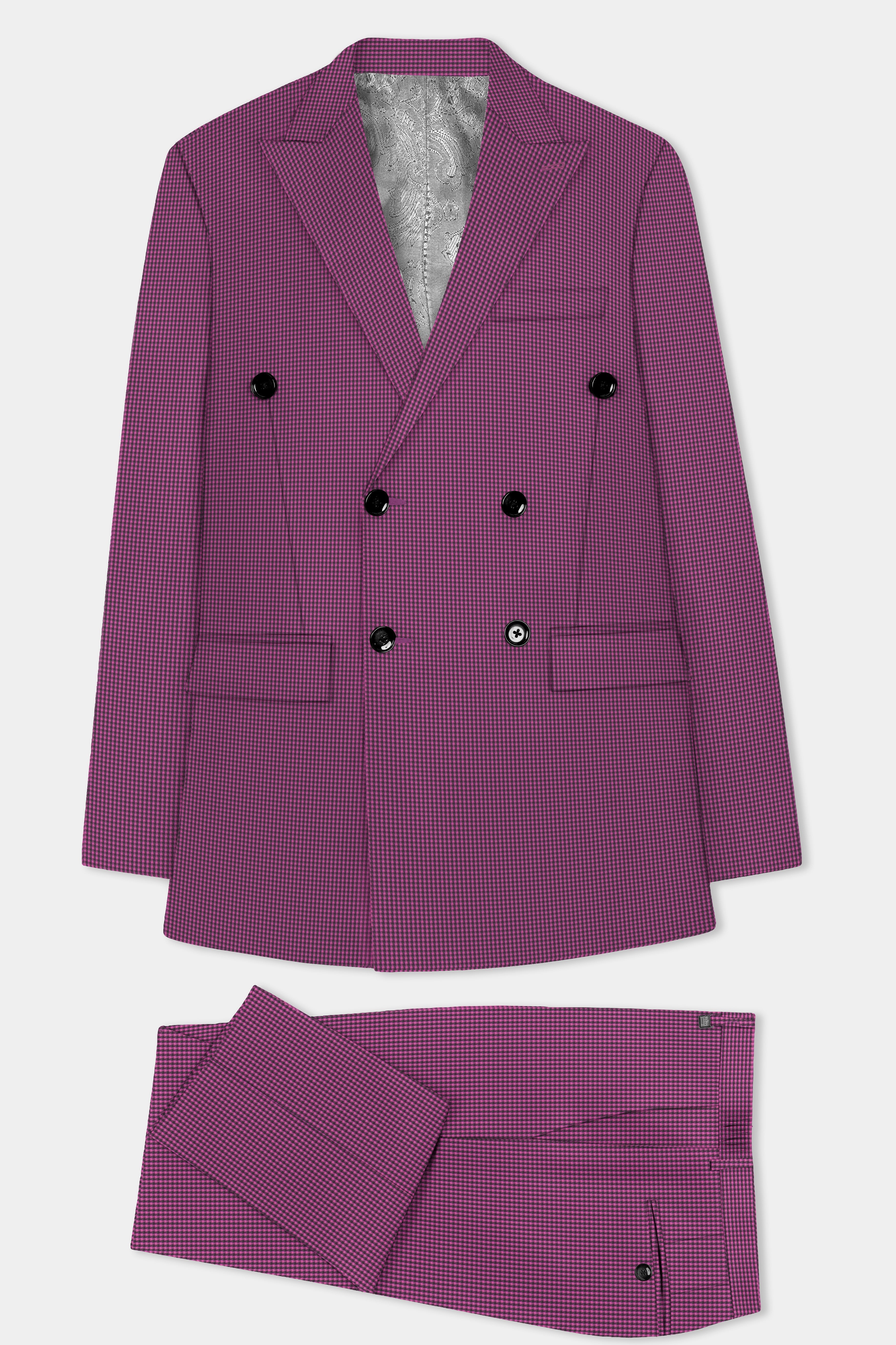 Orchid-Plum Pink Gingham Plaid Wool Rich Double Breasted Suit