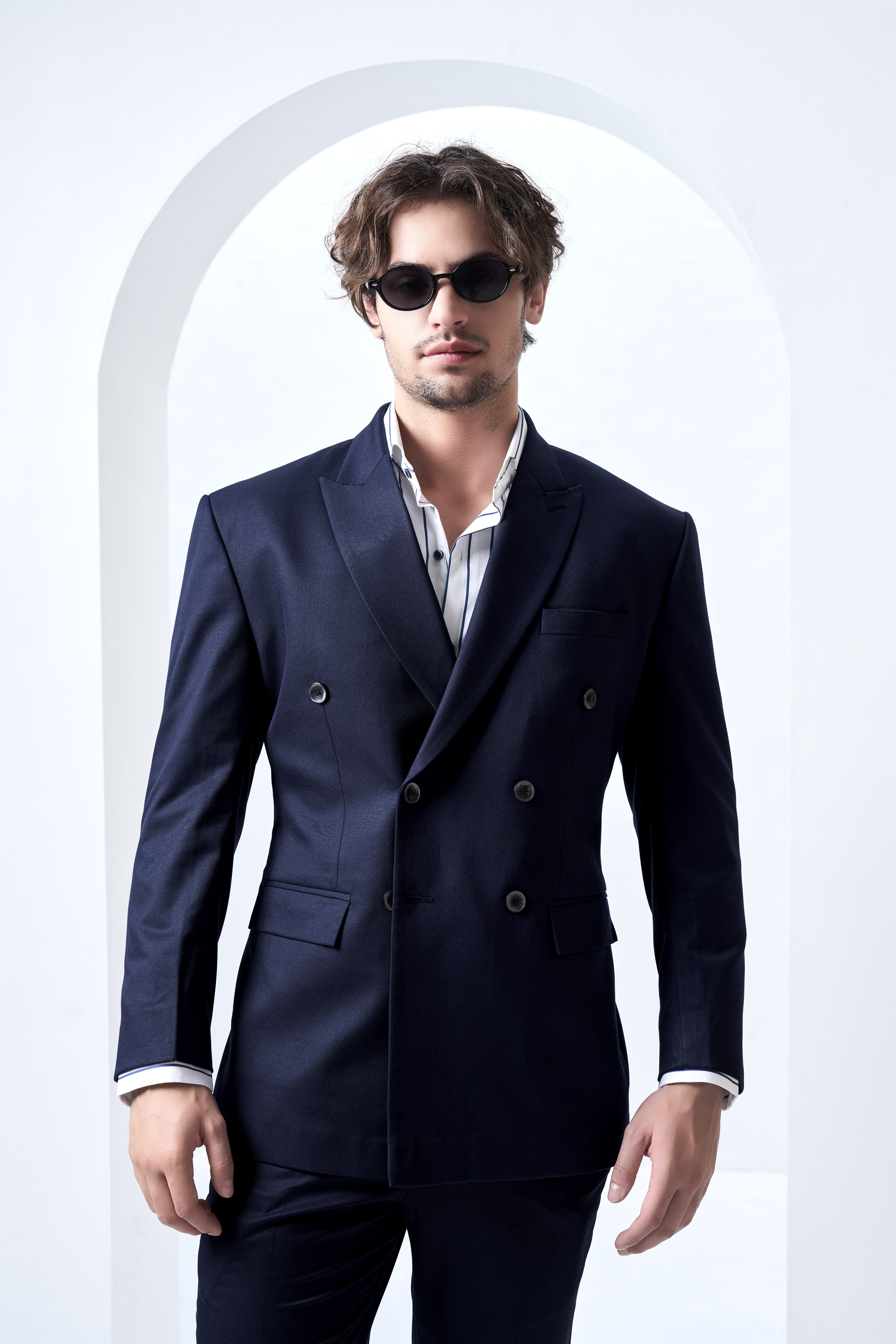Navy Subtle Sheen Wool Blend Double Breasted Suit
