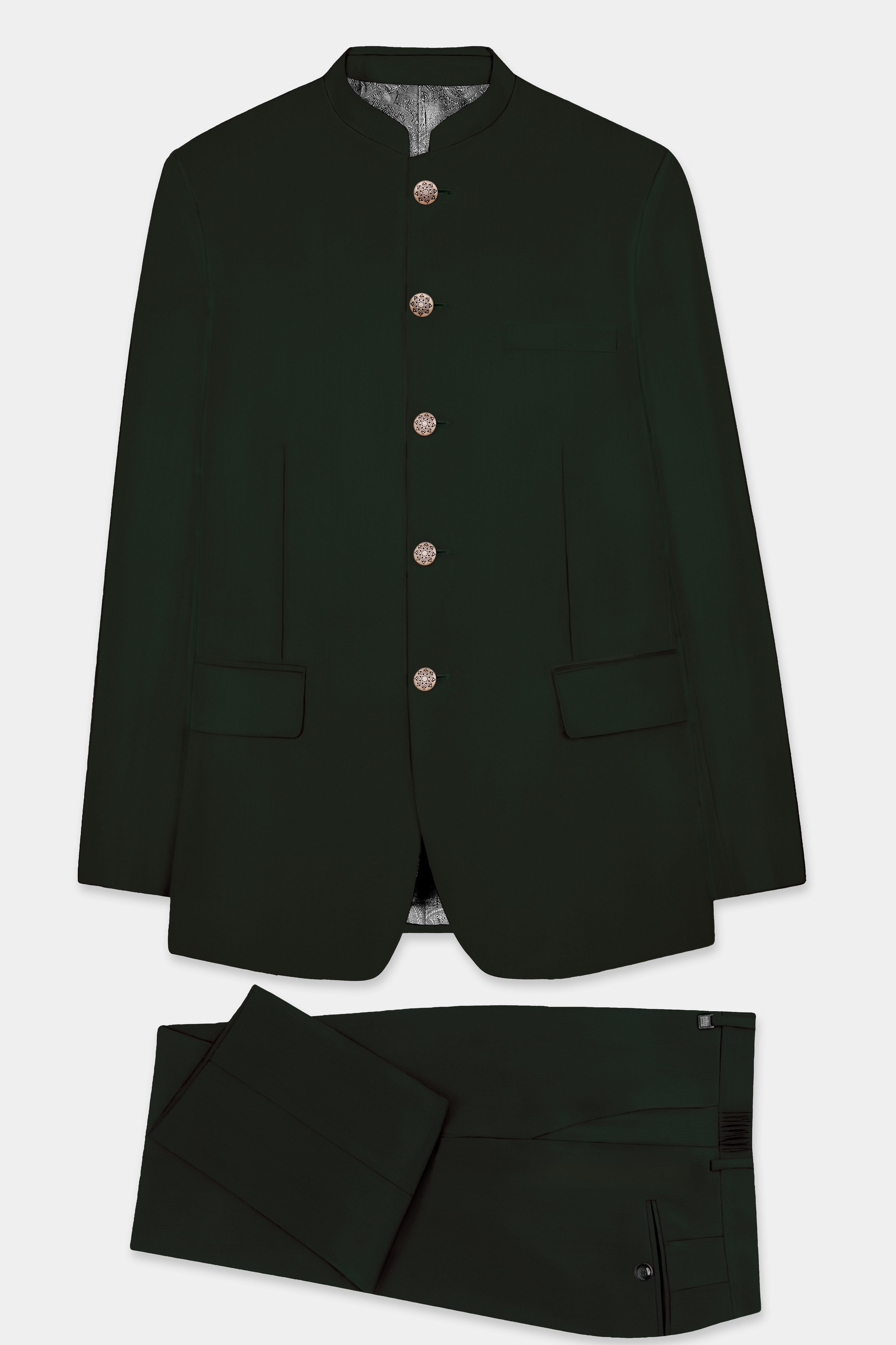 Verdant Majesty-Juniper Green Solid Wool Rich Bandhgala Stretchable traveler Suit