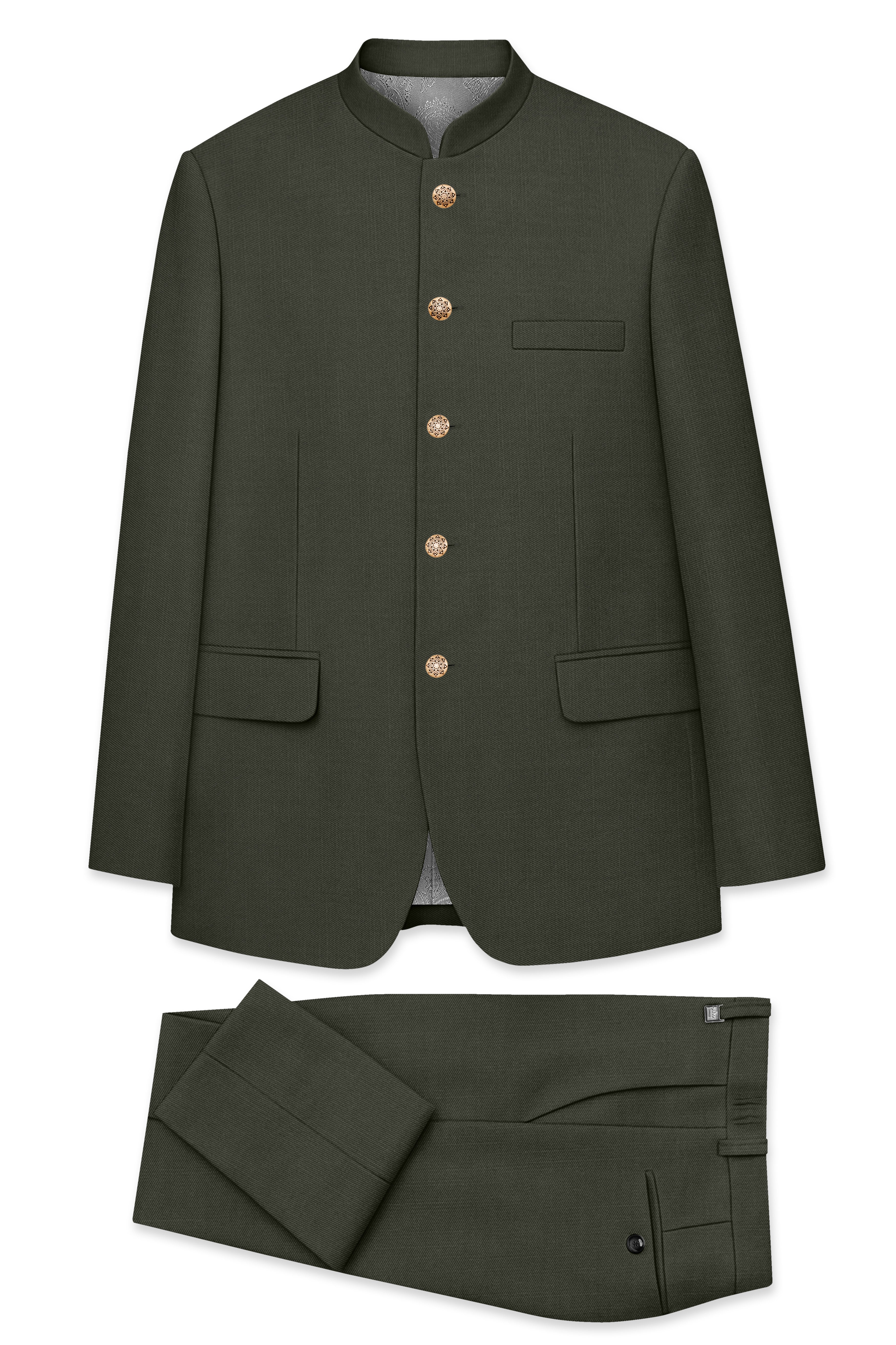 Verdant Majesty-Juniper Green Solid Wool Rich Bandhgala Slight Stretch Suit