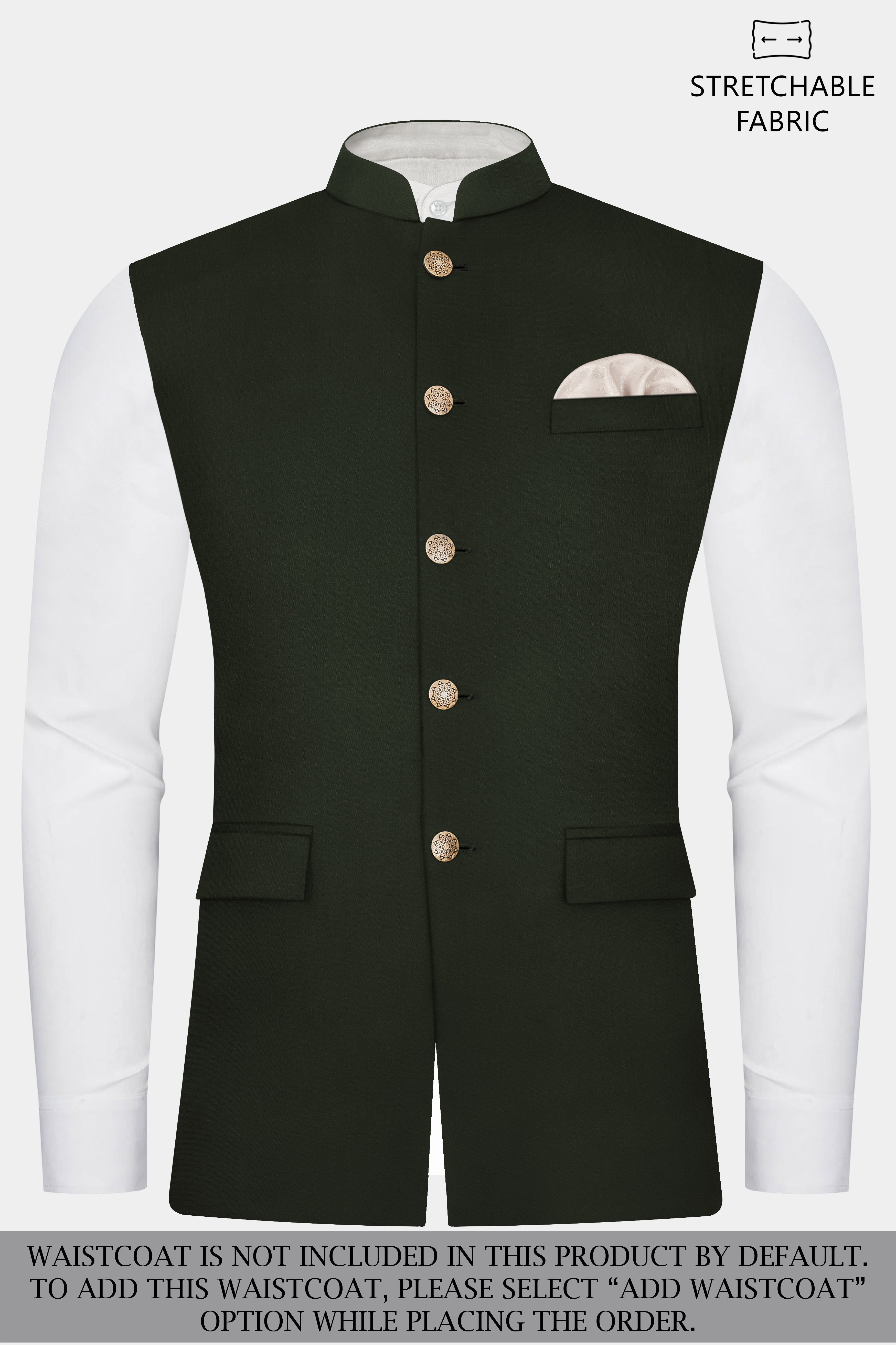 Verdant Majesty-Juniper Green Solid Wool Rich Bandhgala Stretchable traveler Suit