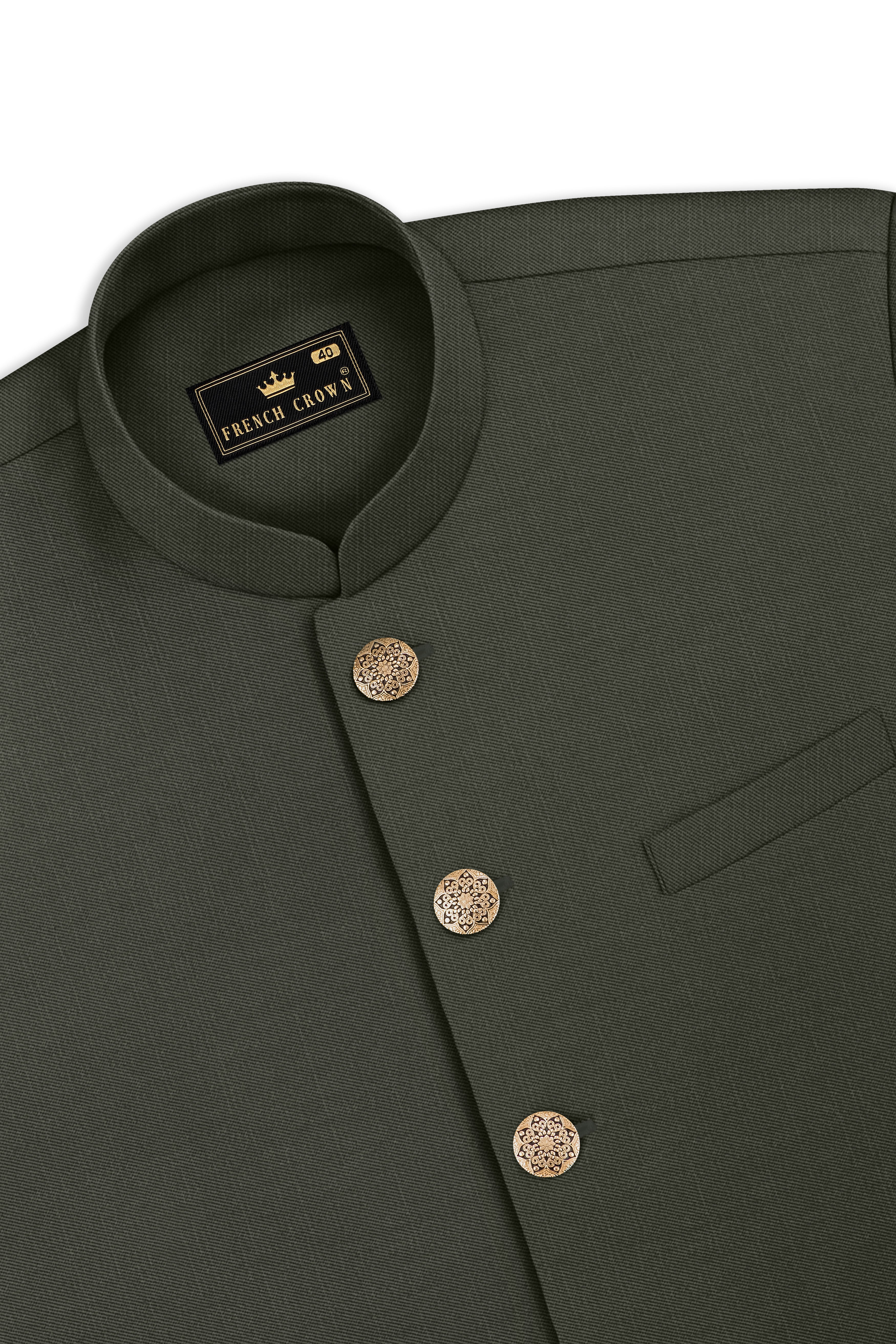 Verdant Majesty-Juniper Green Solid Wool Rich Bandhgala Slight Stretch Suit