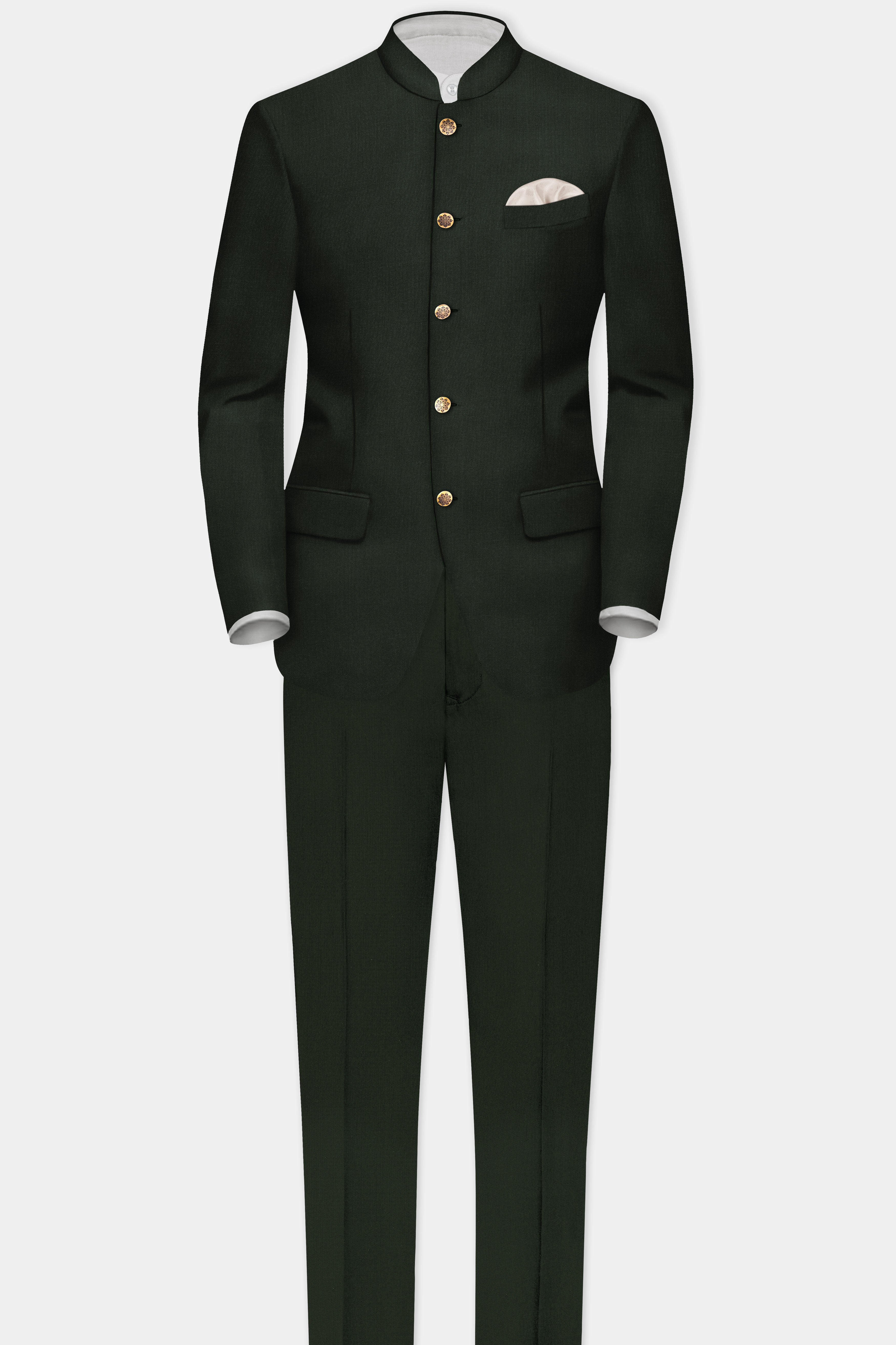 Verdant Majesty-Juniper Green Solid Wool Rich Bandhgala Stretchable traveler Suit