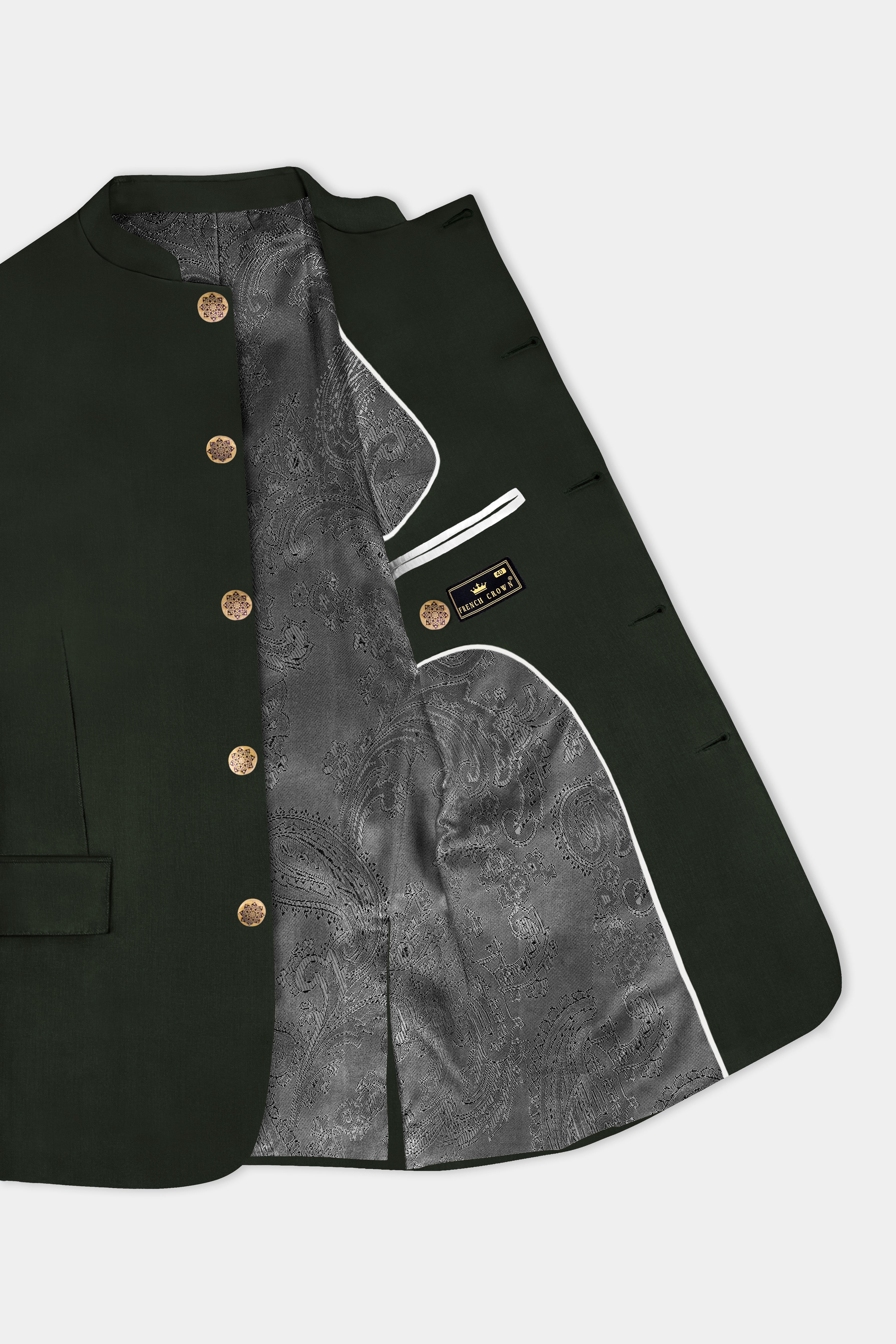 Verdant Majesty-Juniper Green Solid Wool Rich Bandhgala Slight Stretch Suit