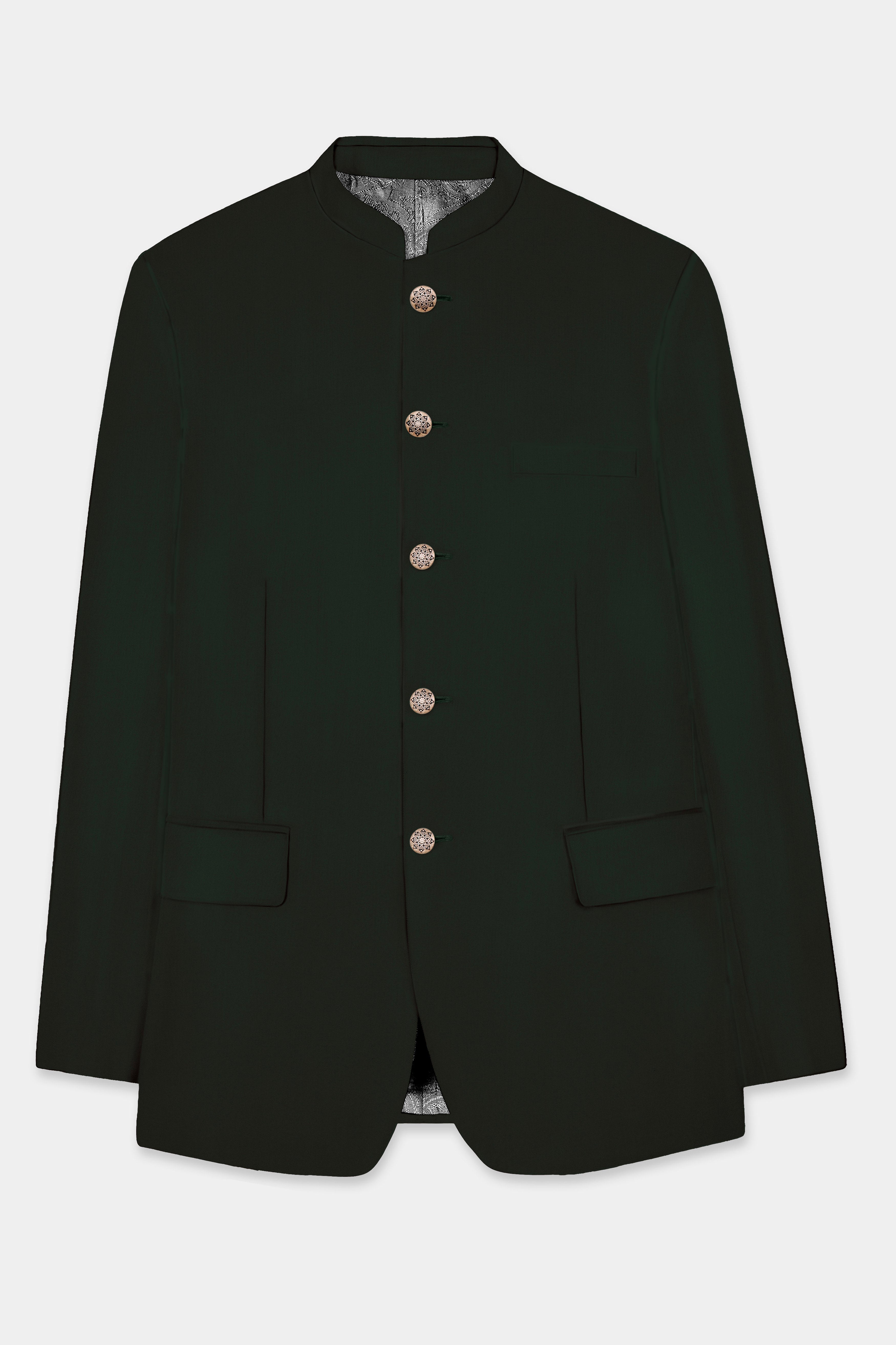Verdant Majesty-Juniper Green Solid Wool Rich Bandhgala Stretchable traveler Suit