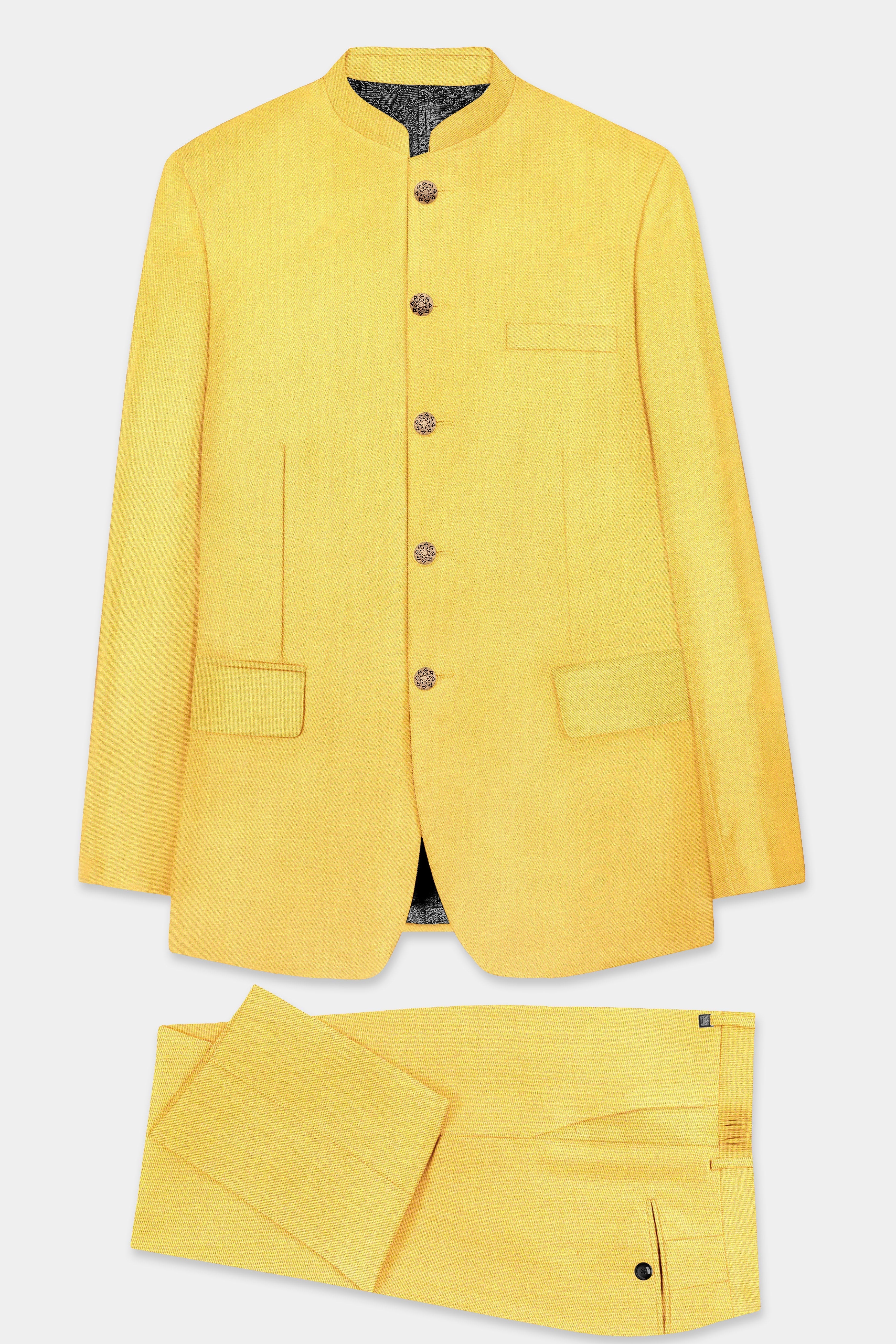 Saffron Elegance-Lemon Yellow Solid Wool Rich Bandhgala Stretchable traveler Suit