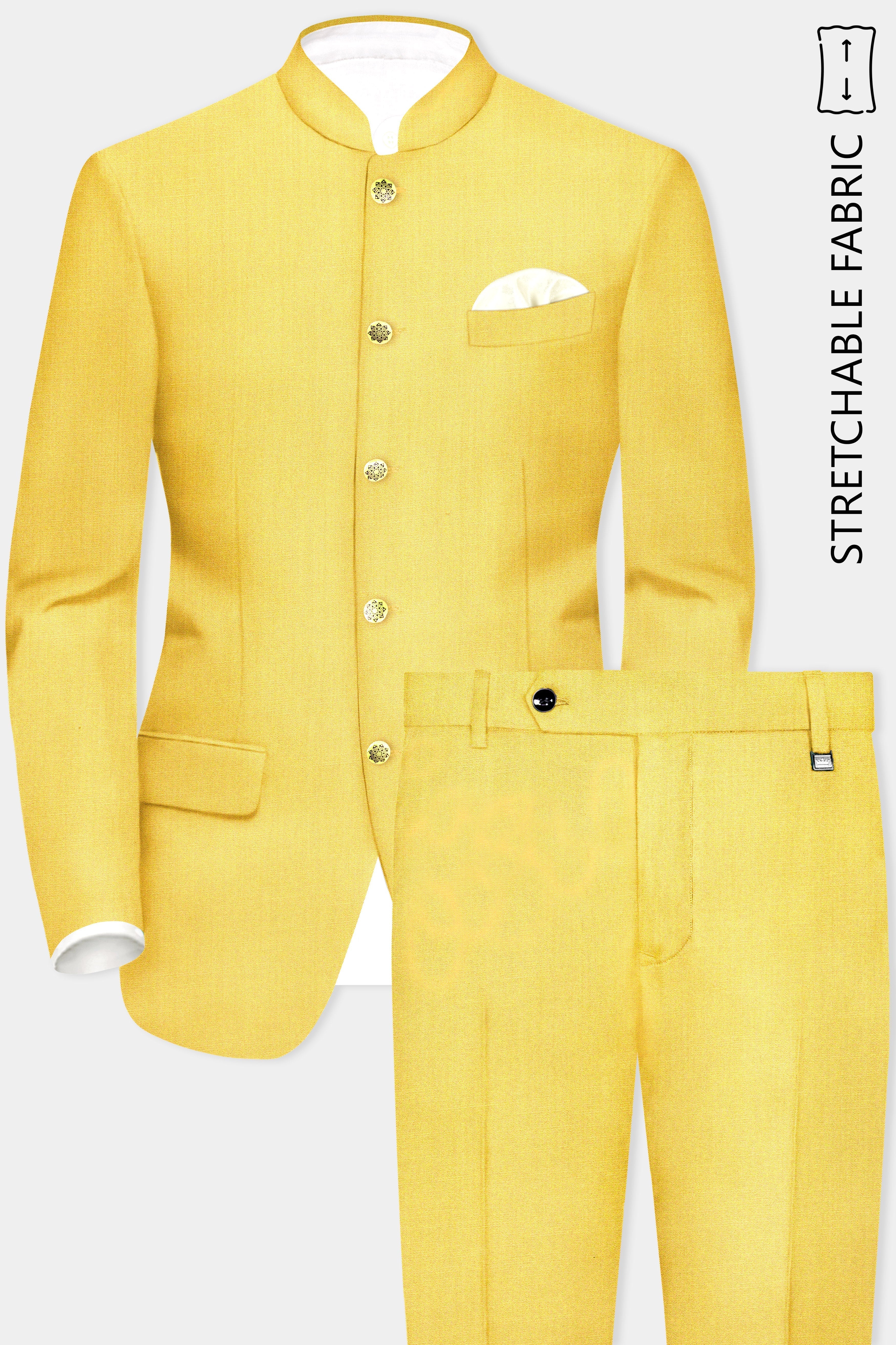 Saffron Elegance-Lemon Yellow Solid Wool Rich Bandhgala Stretchable traveler Suit