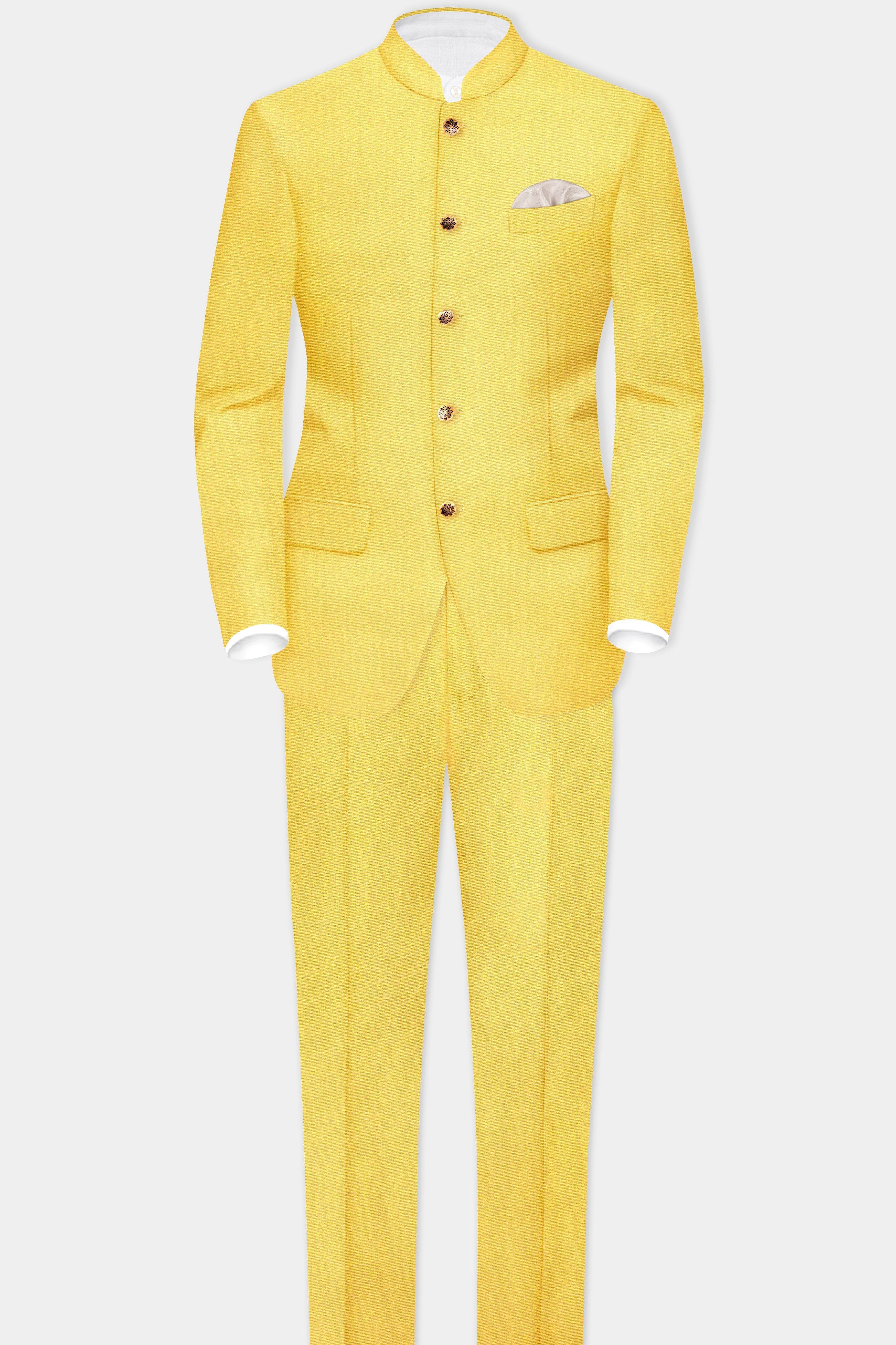 Saffron Elegance-Lemon Yellow Solid Wool Rich Bandhgala Stretchable traveler Suit