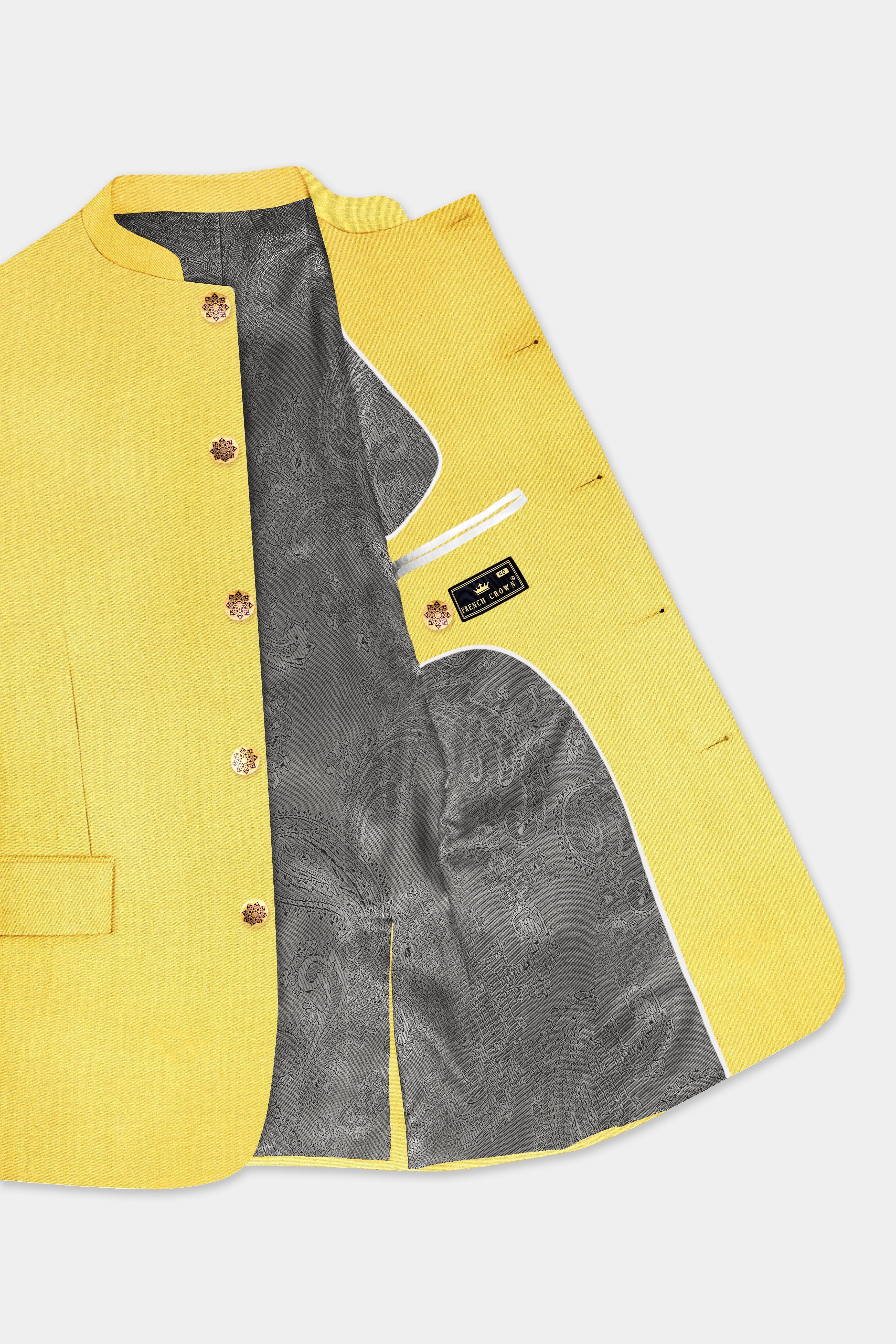 Saffron Elegance-Lemon Yellow Solid Wool Rich Bandhgala Stretchable traveler Suit